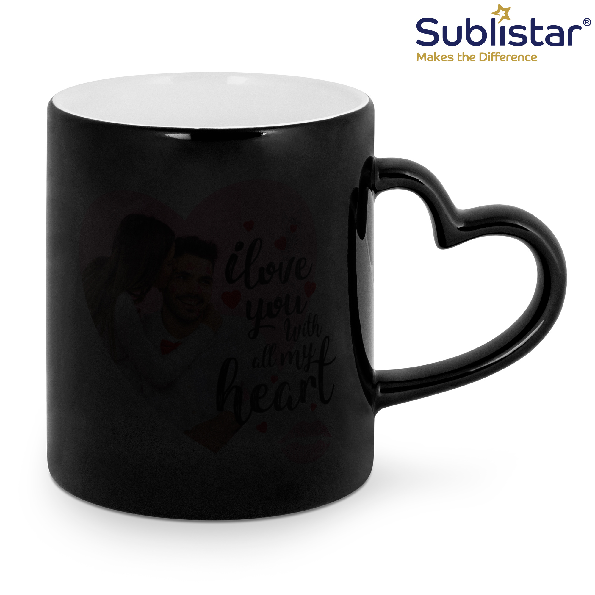 Sublistar® Tasse changement couleur modèle CC, 11oz, avec anse en forme de cœur, couleur noir, 12 pcs./couche, 36 pcs./carton