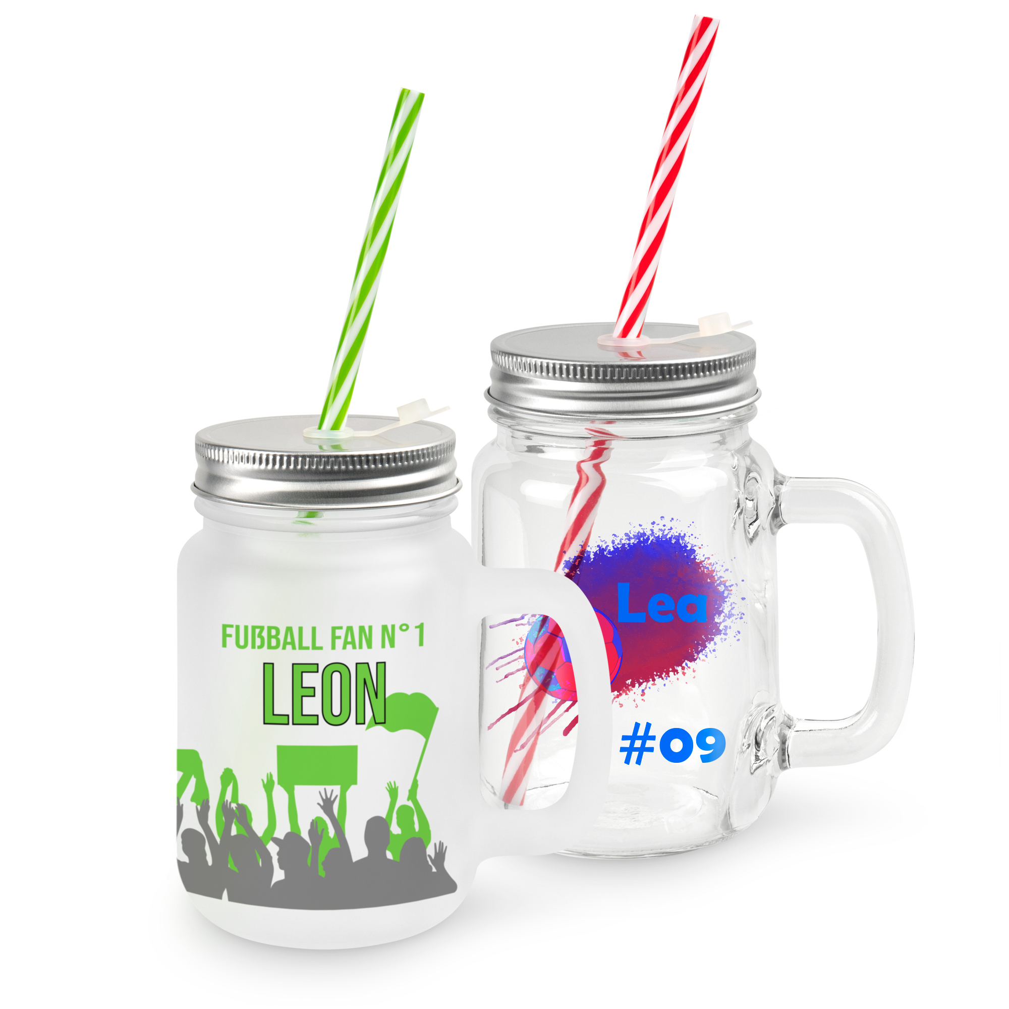 Mason Jar Henkelglas mit Deckel und Trinkhalm, versch. Ausführungen