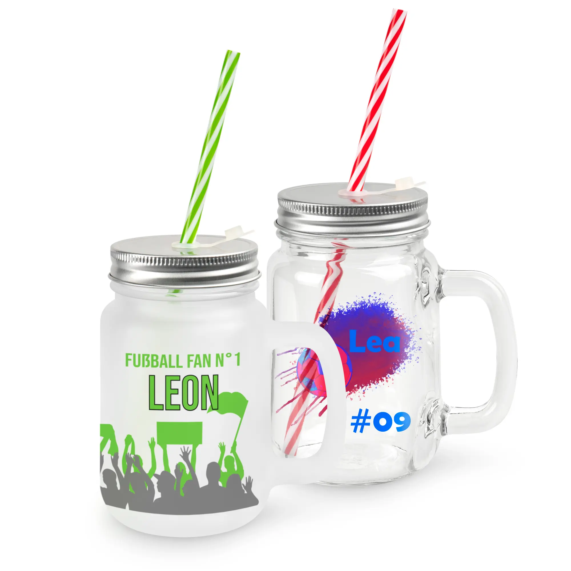 Mason Jar glass with a handle, lid and straw, various versions