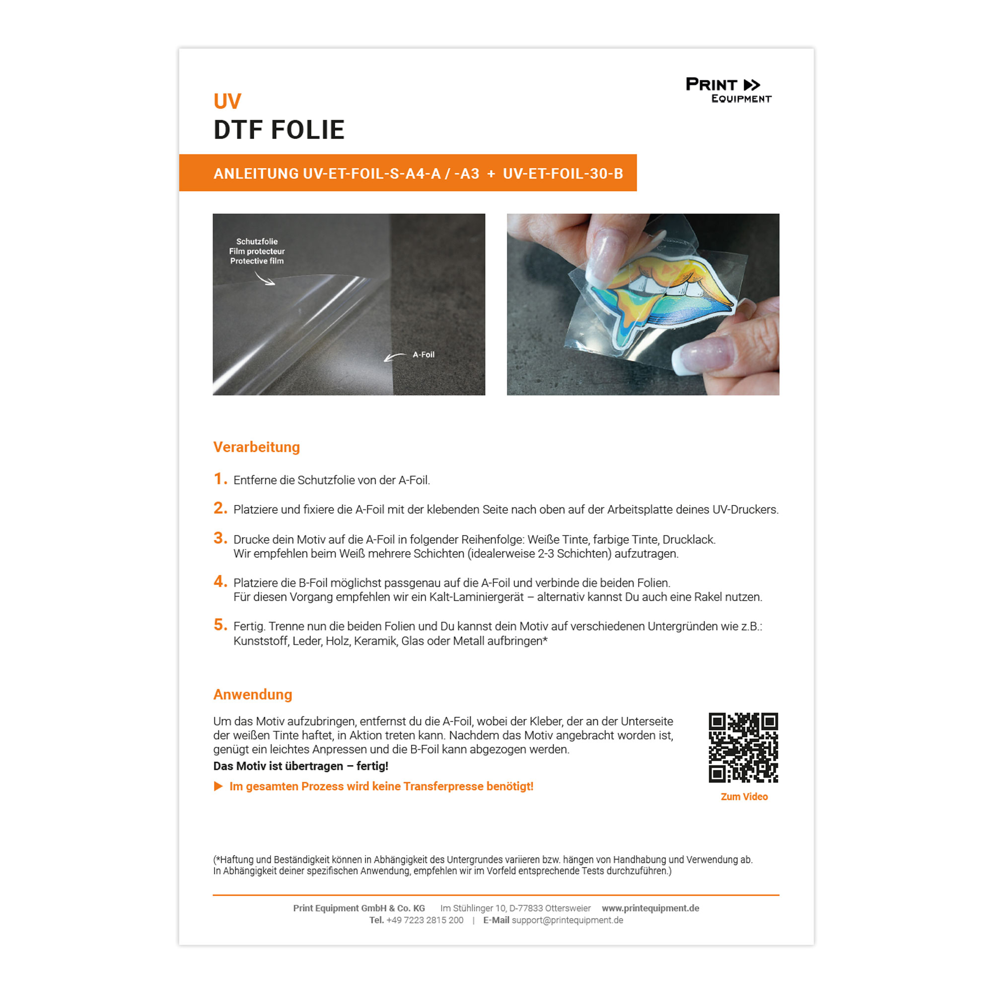 UV DTF films in the test pack / set comprising: 3x A4 (Film A) & laminate (Film B) and processing data sheet
