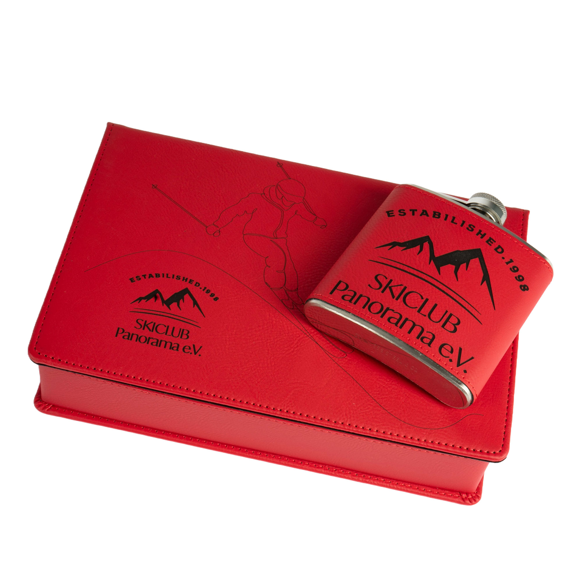 Set cadeau laser flasque en acier inoxydable 6oz/177 ml 2 gobelets à alcool & entonnoir, 155 x 235 x 55 mm, div. couleurs