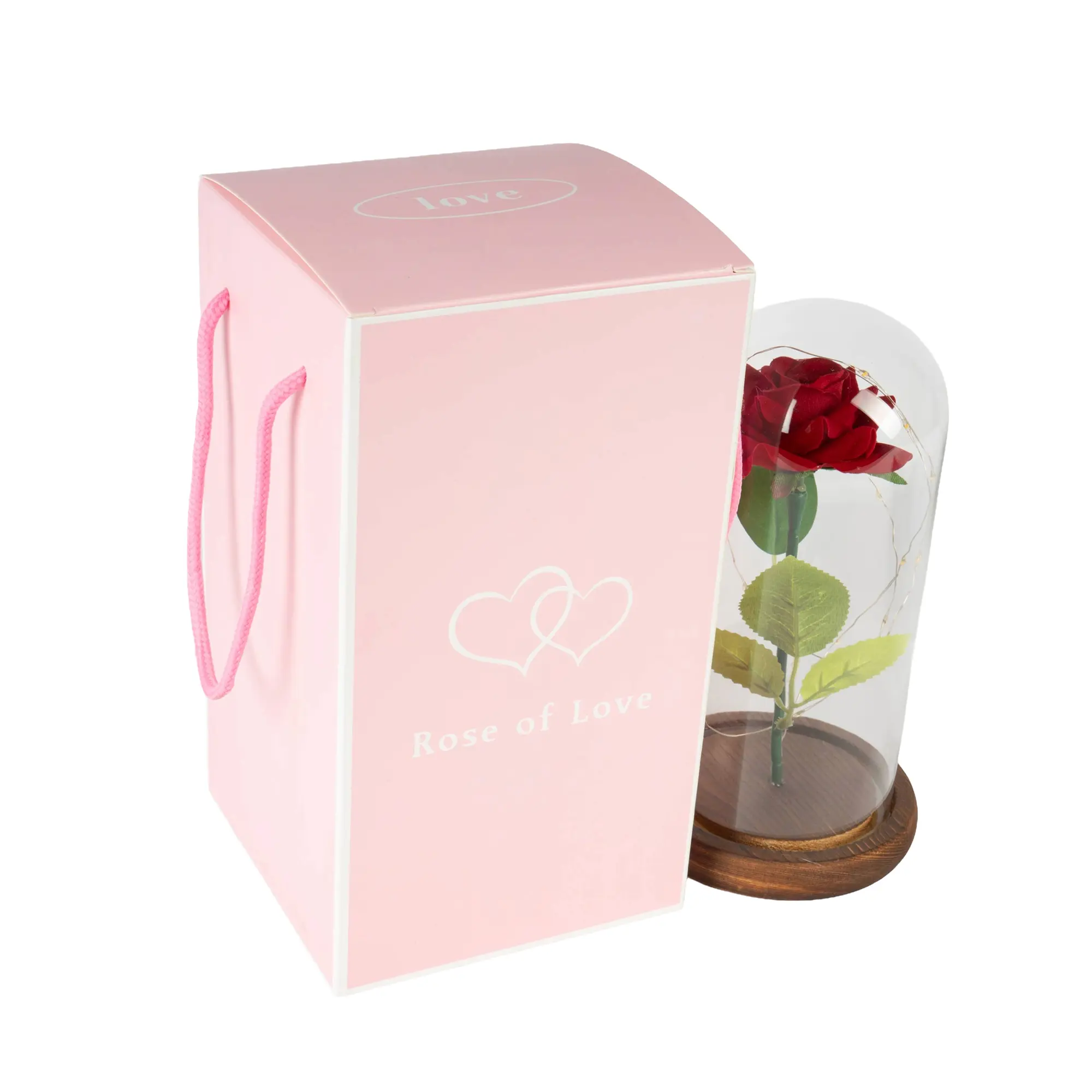 Ewige Rose im Glas mit Holzsockel, inkl. LED-Beleuchtung, ohne Batterien, Höhe 23 cm, Ø 11 cm, 40 St./Karton