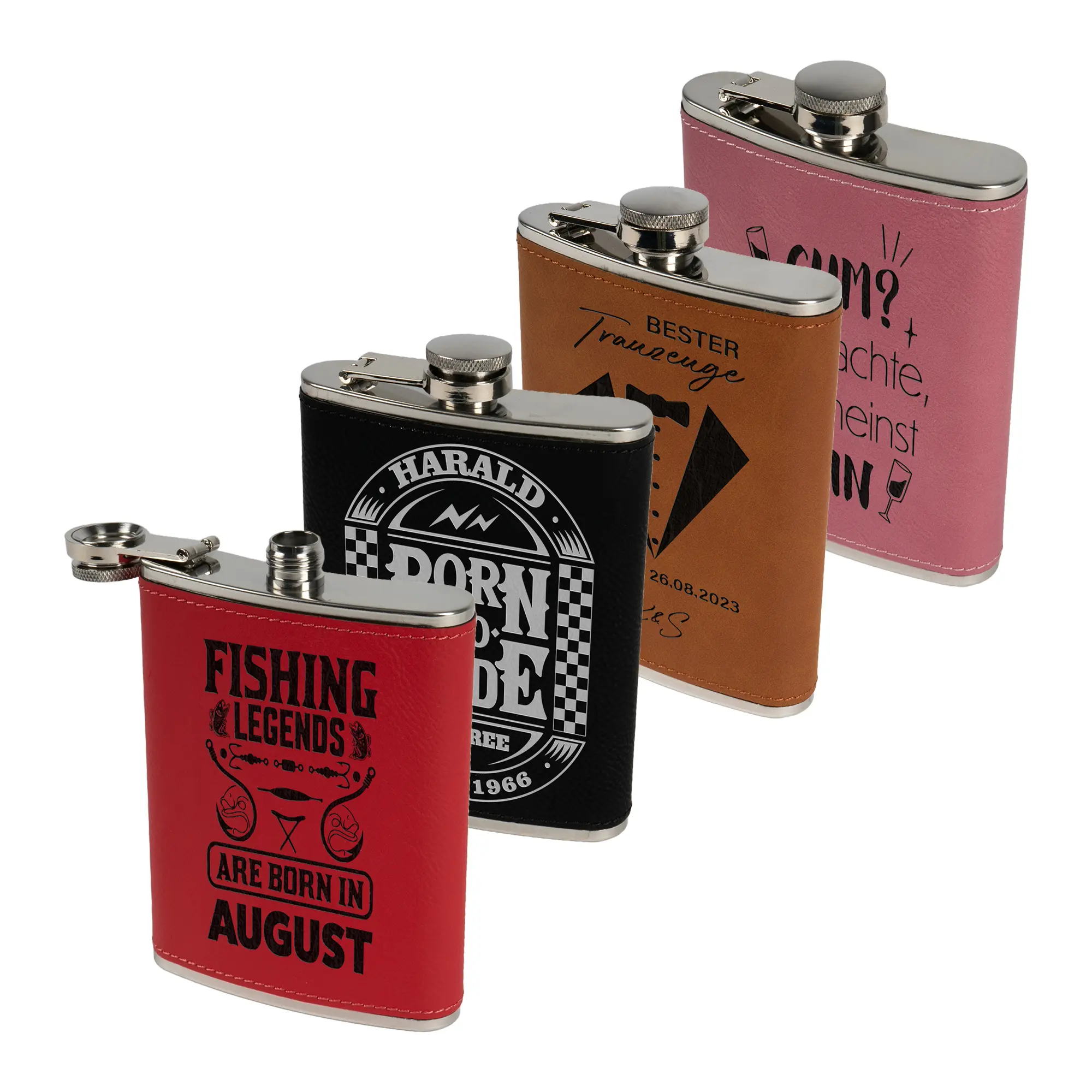 Laser Flachmann aus Edelstahl mit Kunstleder-Beschichtung 6oz/177 ml, 96 x 110 x 23 mm, div. Farben