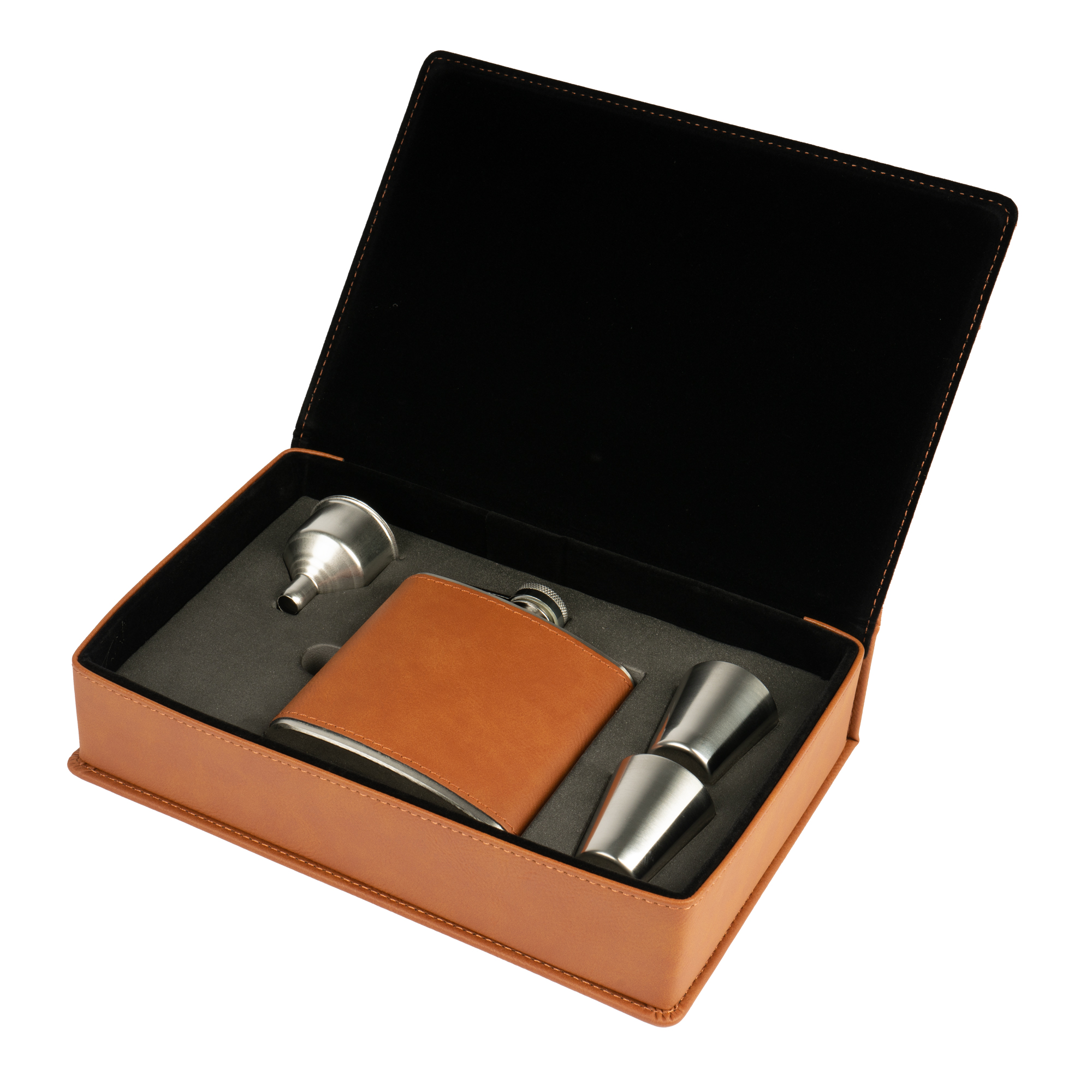 Set cadeau laser flasque en acier inoxydable 6oz/177 ml 2 gobelets à alcool & entonnoir, 155 x 235 x 55 mm, div. couleurs