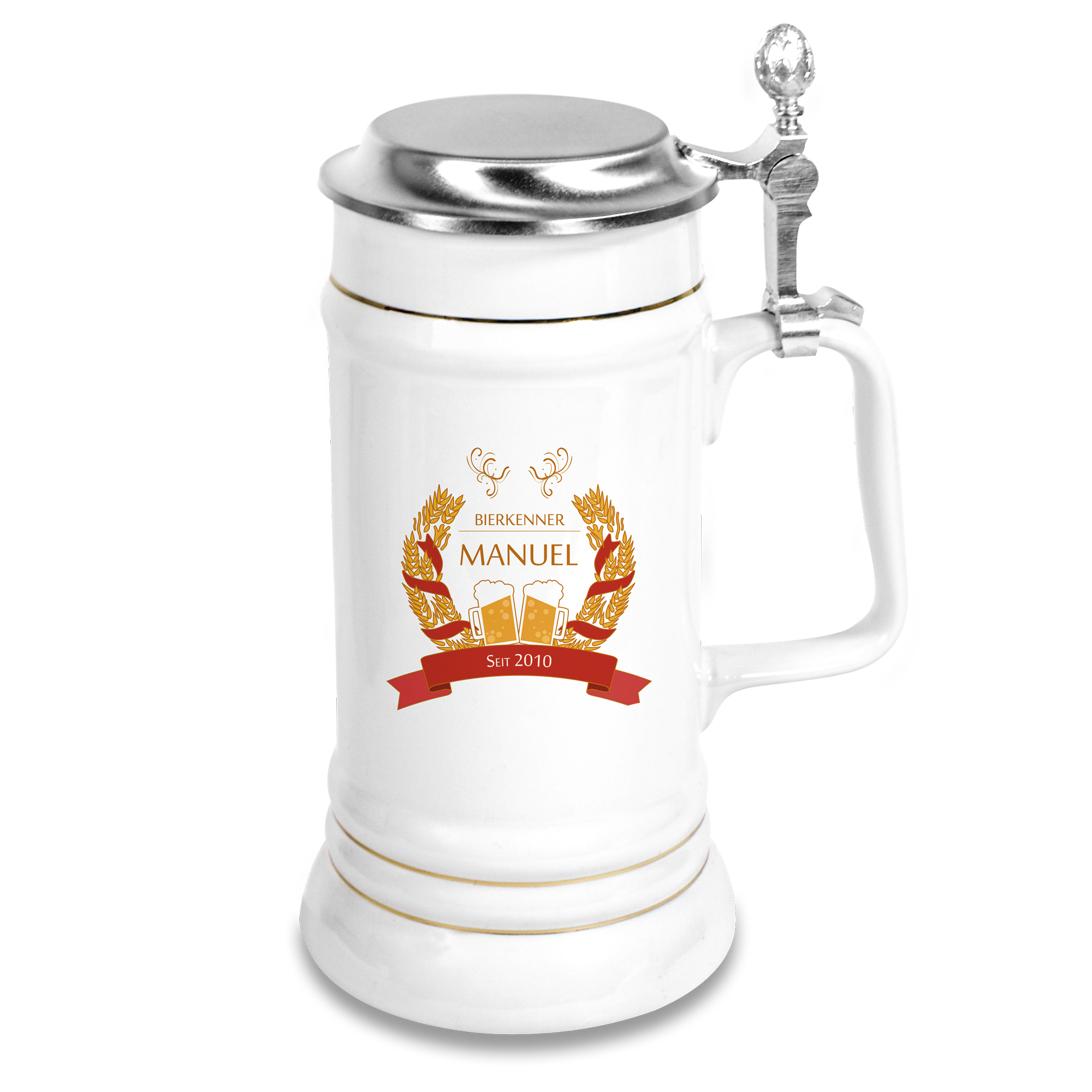 Bierkrug Upper Class STÄNDEKRUG 700 ml, Farbe Weiß mit Zinndeckel