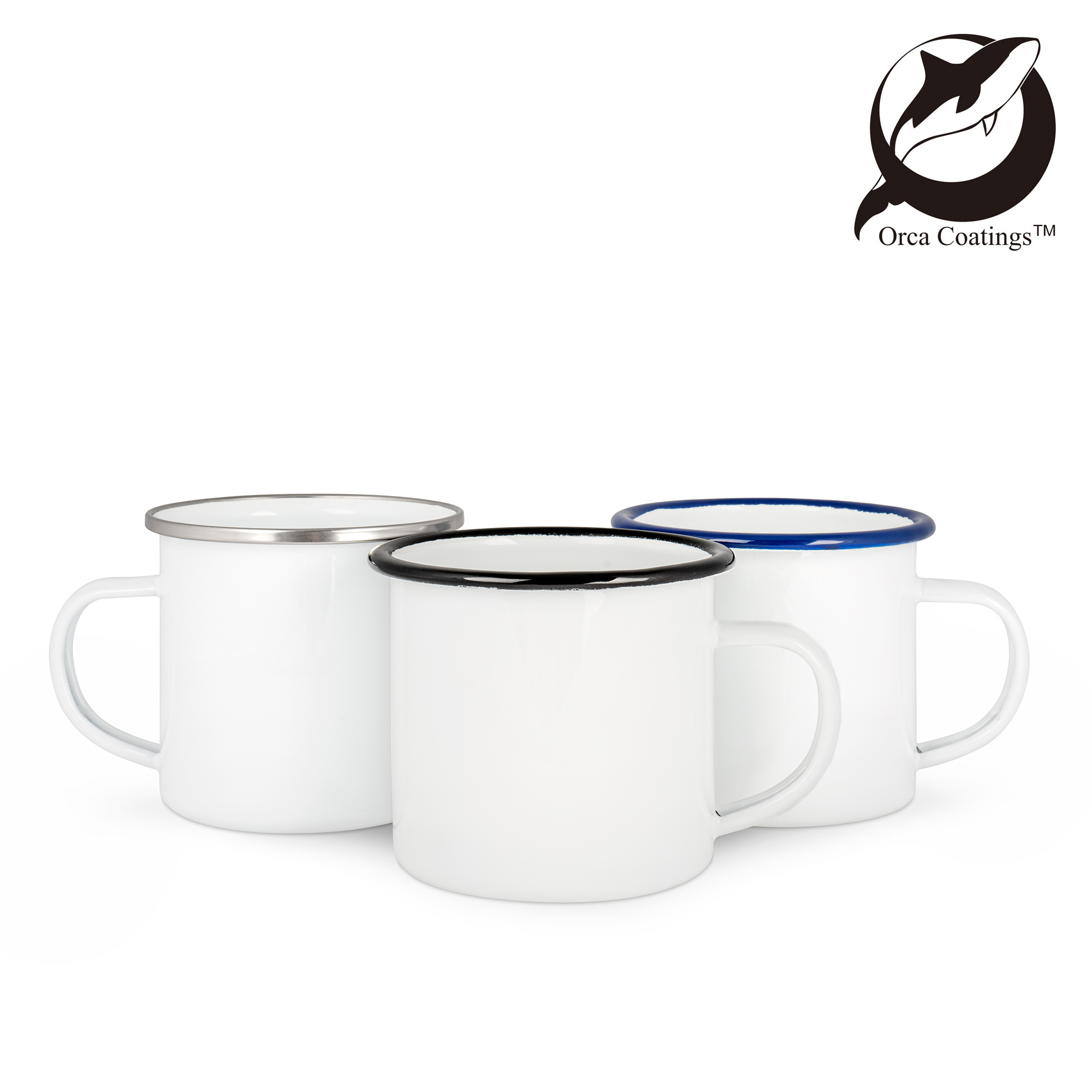 Emailletasse weiß 12oz, mit farbigem Tassenrand, Orca™ Coating Emailletasse weiß 12oz, mit farbigem Tassenrand, Orca™ Coating
