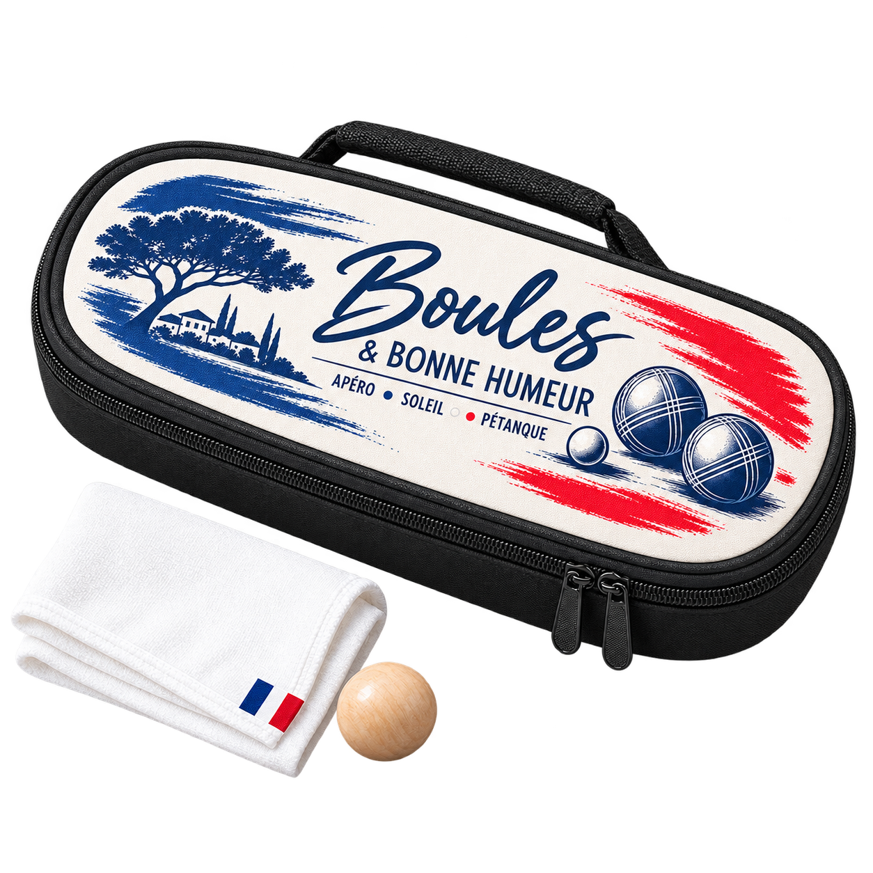 Bouletasche mit Tragegriff für 3 Boule-Kugeln und Zielkugel, Schwarz, Größe (B x H x T) 230 x 90 x 60 mm, 50 St./Karton