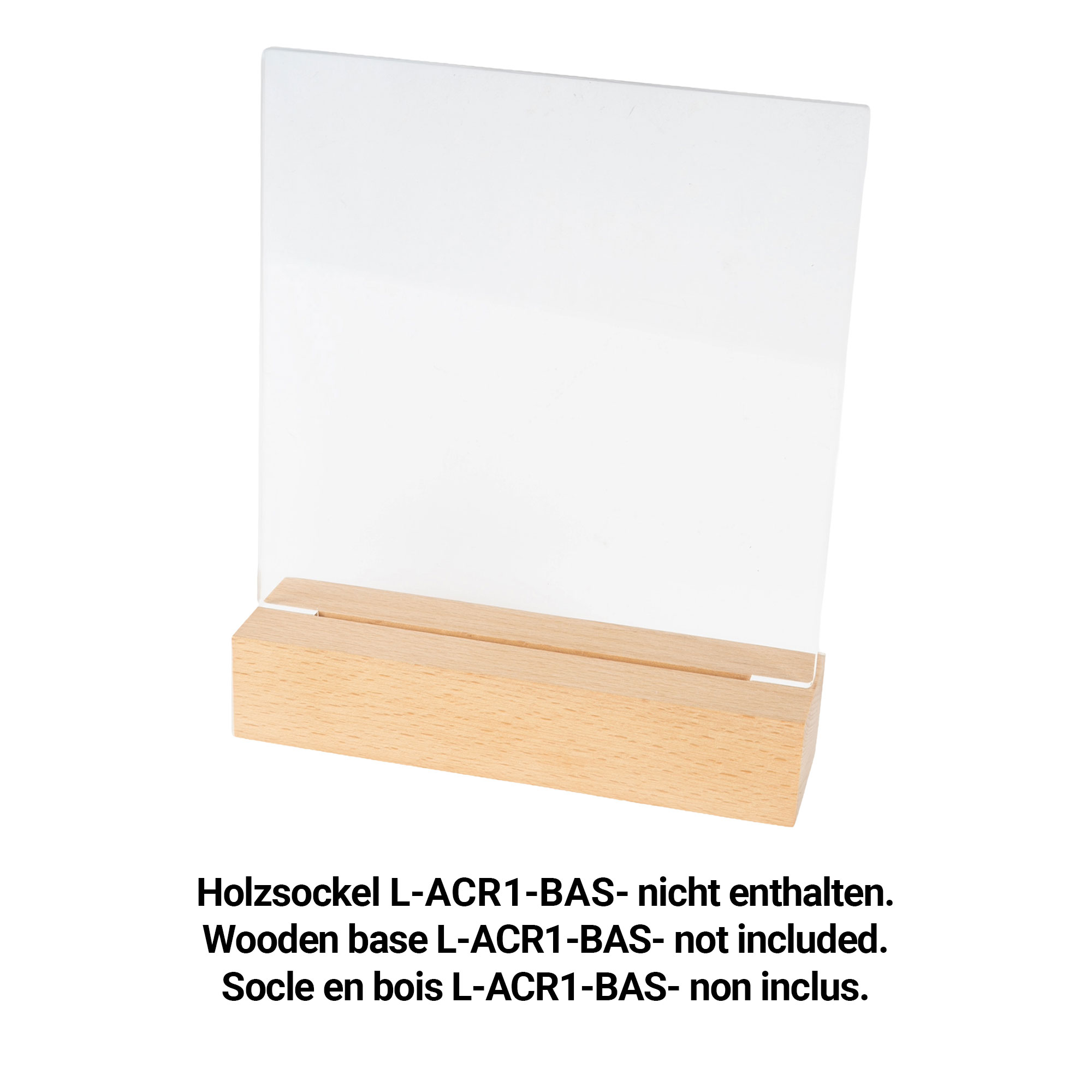 Socle en bois pour plaques acryliques L-ACR1-SHT-, diverses versions