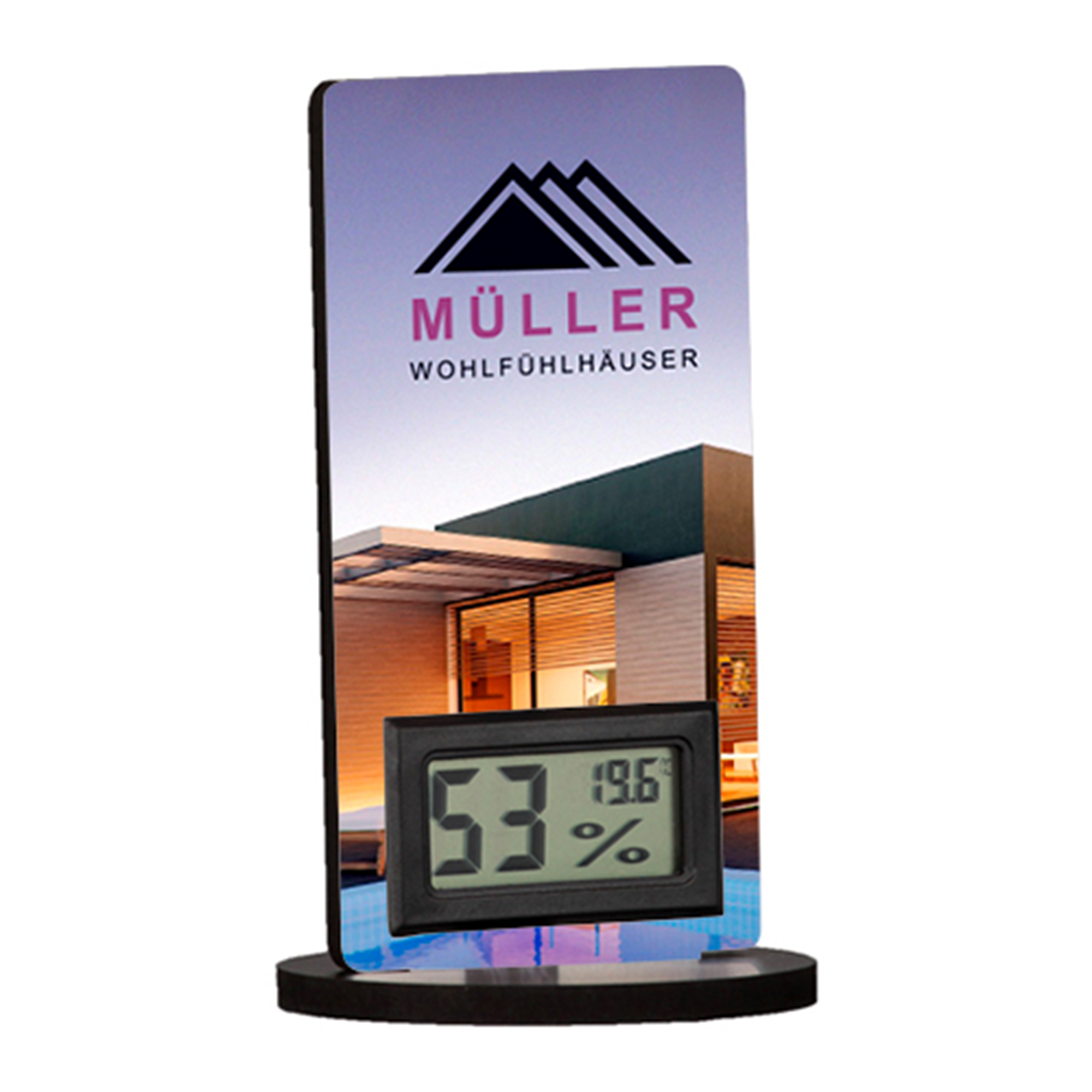 Digitales Thermometer mit Standfuß, aus Hartfaser, 6 mm stark, verschiedene Ausführungen