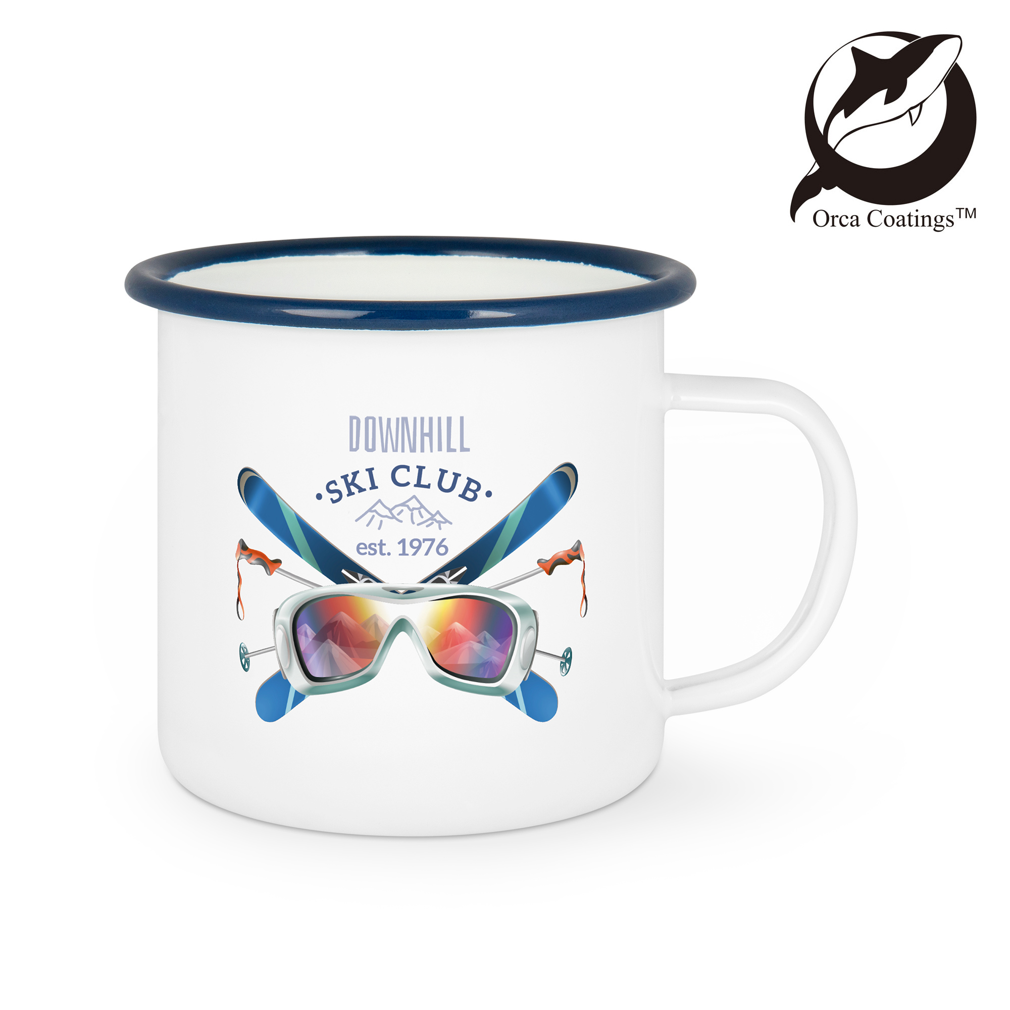 Emailletasse weiß 12oz, mit farbigem Tassenrand, Orca™ Coating