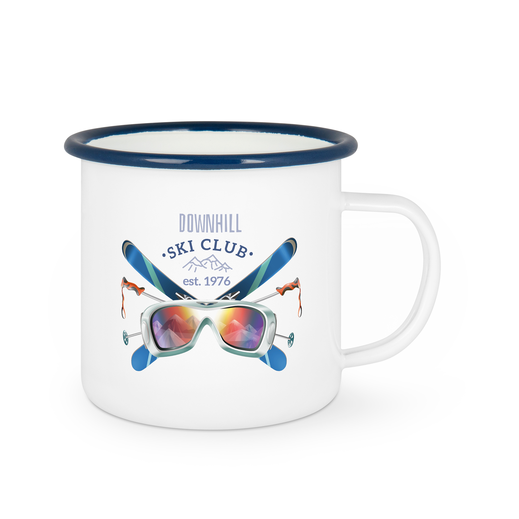 Emailletasse weiß 12oz, mit farbigem Tassenrand