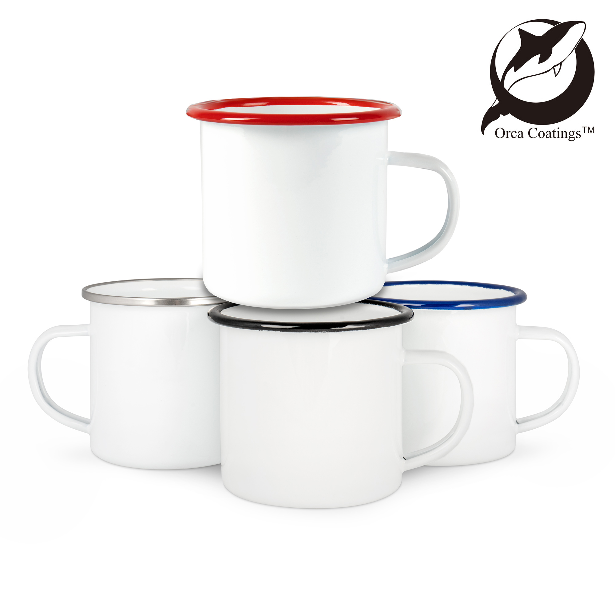 Emailletasse weiß 12oz, mit farbigem Tassenrand, Orca™ Coating, div. Randfarben