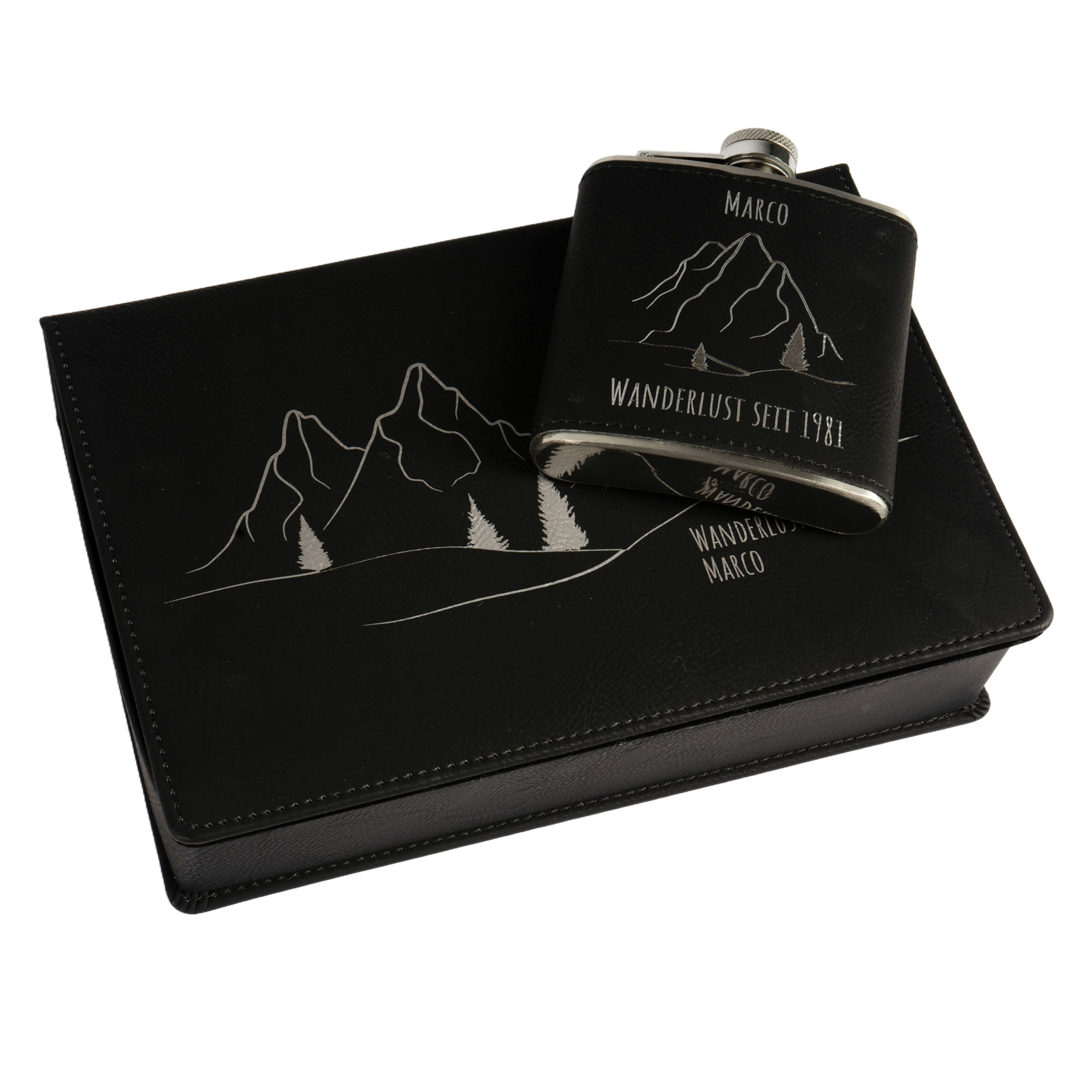 Laser Flachmann-Geschenkset aus Edelstahl-Flachmann 6oz/177 ml 2 Schnapsbecher & Trichter, 155 x 235 x 55 mm, div. Farben