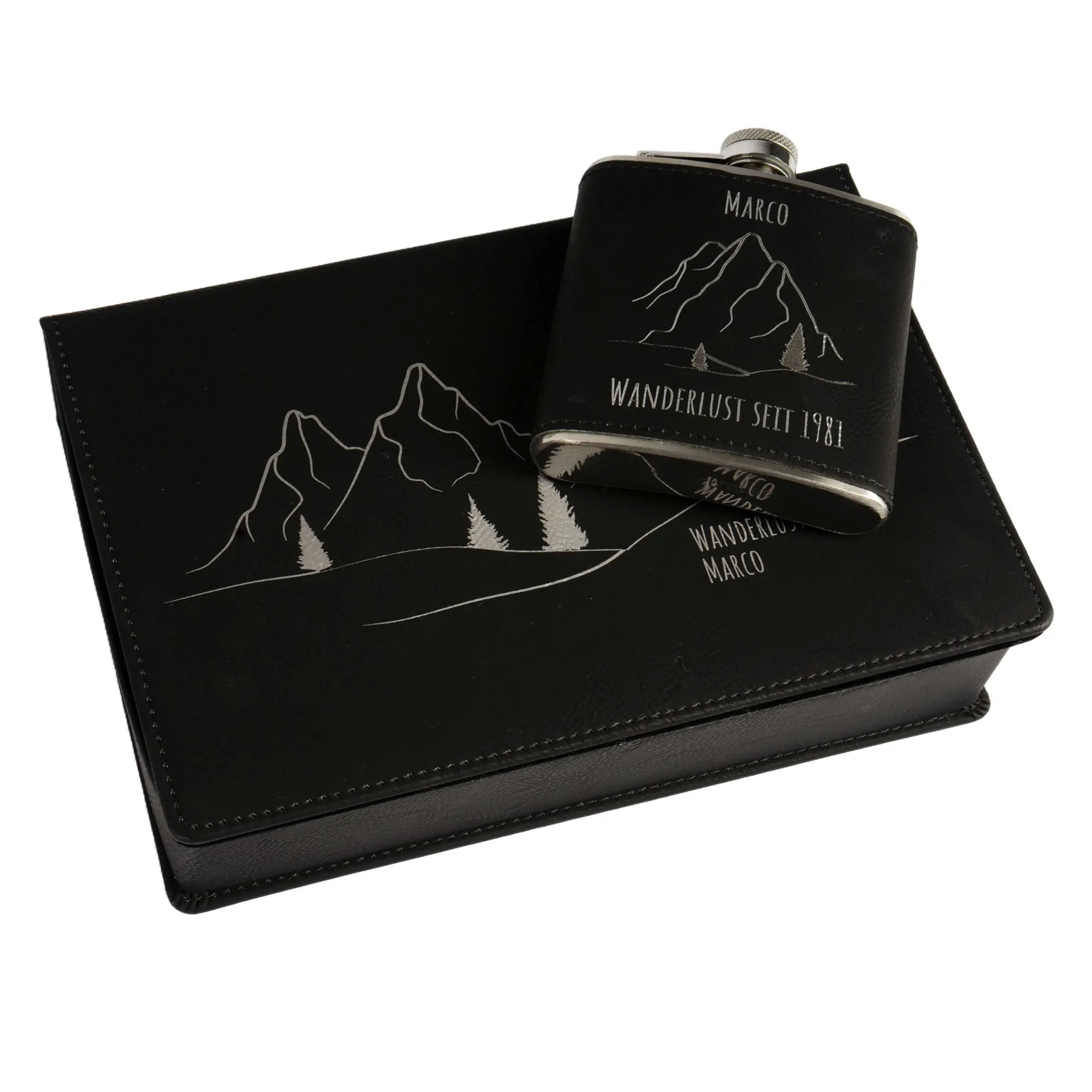 Laser Flachmann-Geschenkset aus Edelstahl-Flachmann 6oz/177 ml 2 Schnapsbecher & Trichter, 155 x 235 x 55 mm, div. Farben