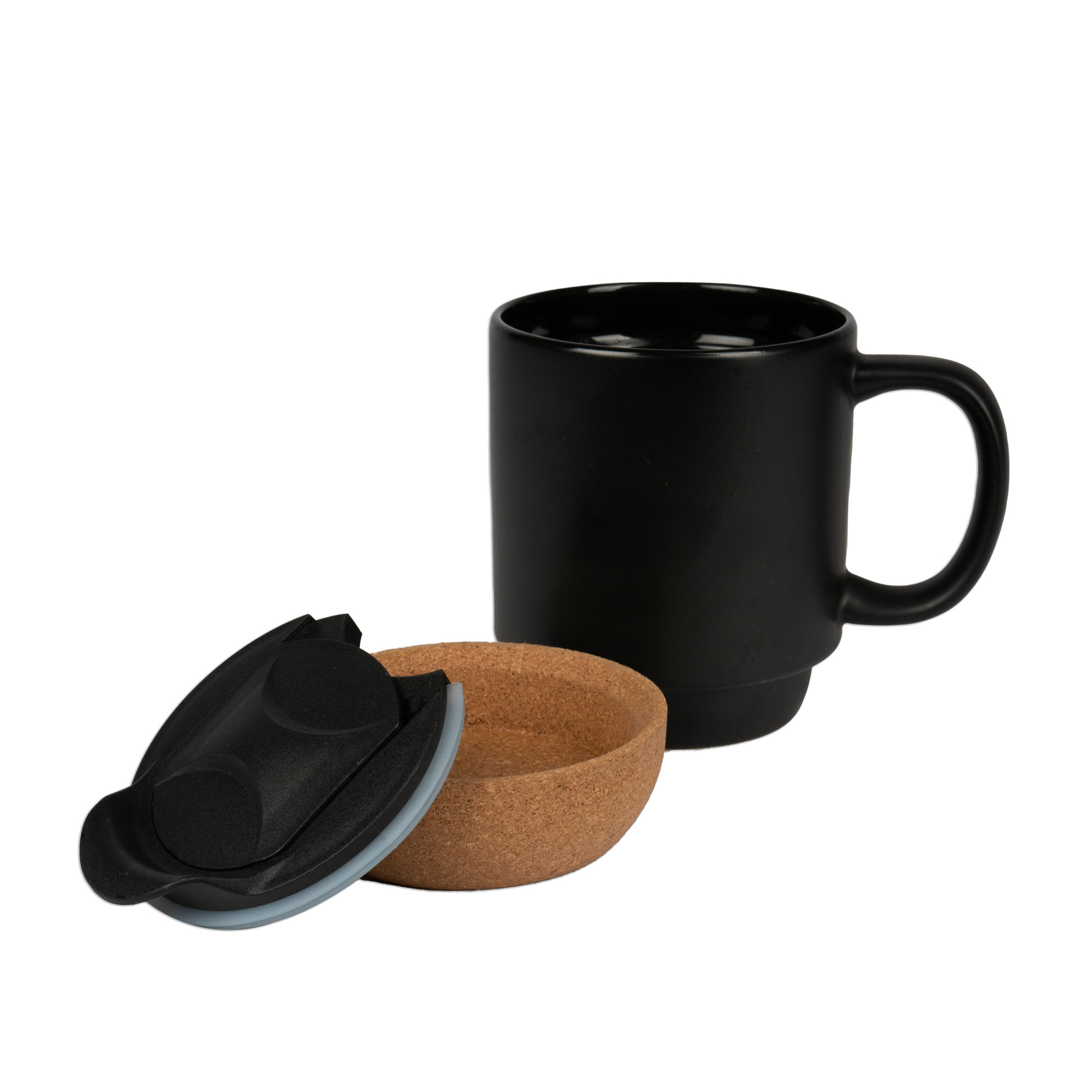 Laser ceramic cup BEN with removable cork base plastic lid, black matt, 36 pcs./carton