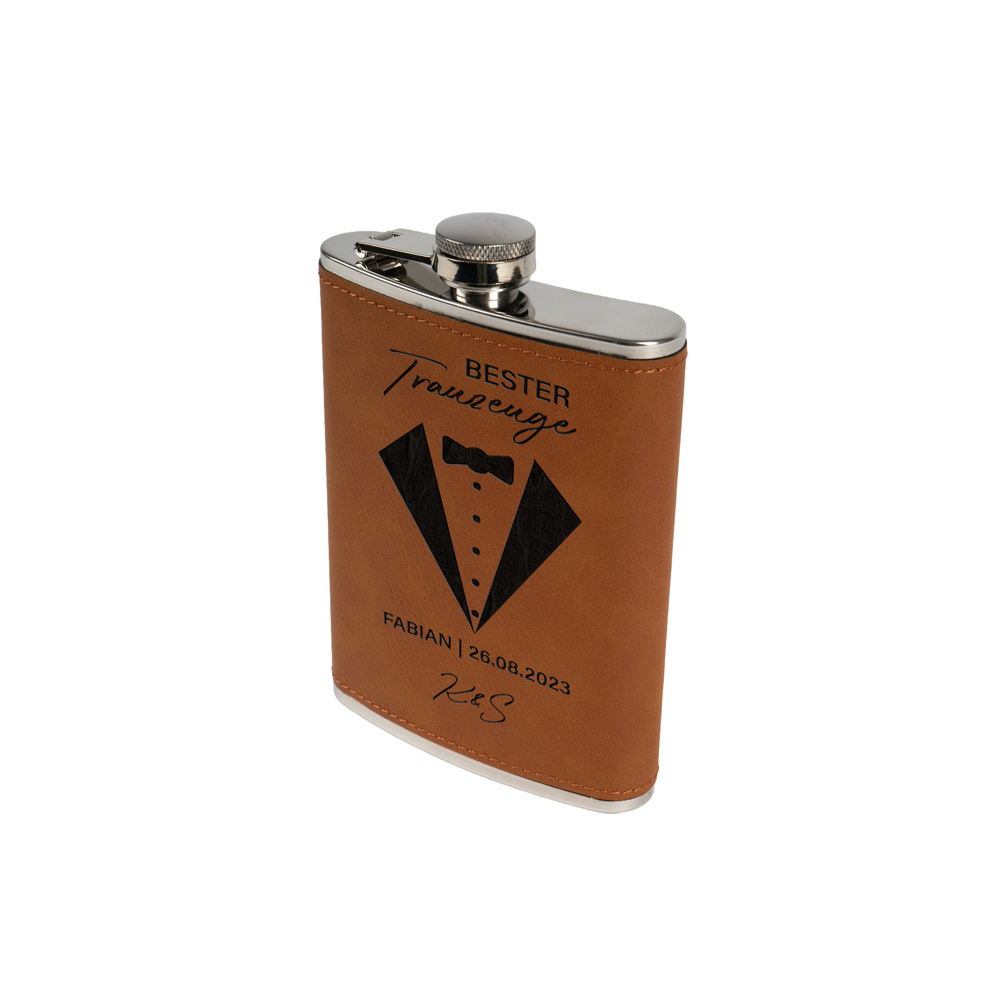 Laser Flachmann aus Edelstahl mit Kunstleder-Beschichtung 6oz/177 ml, 96 x 110 x 23 mm, div. Farben
