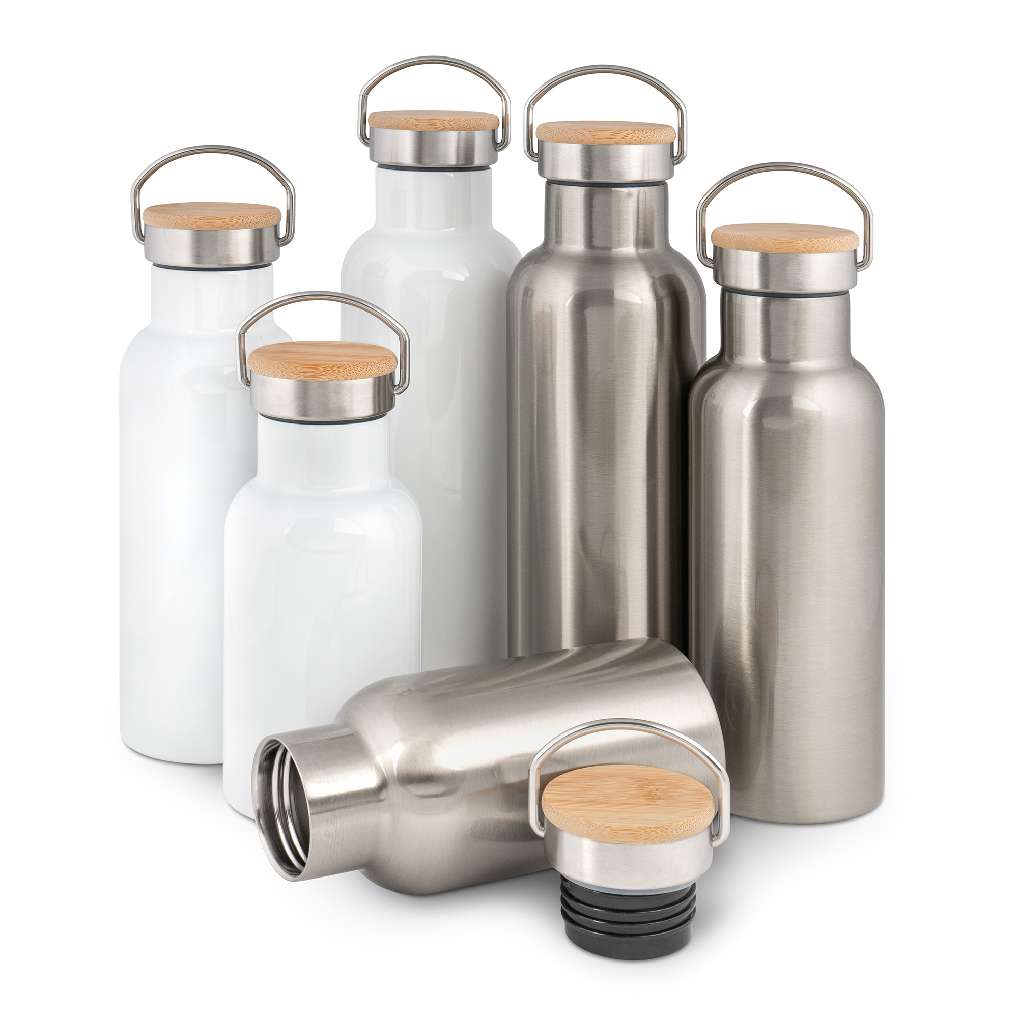 Edelstahl-Thermoflasche mit Bambusdeckel div. Größen und Farben