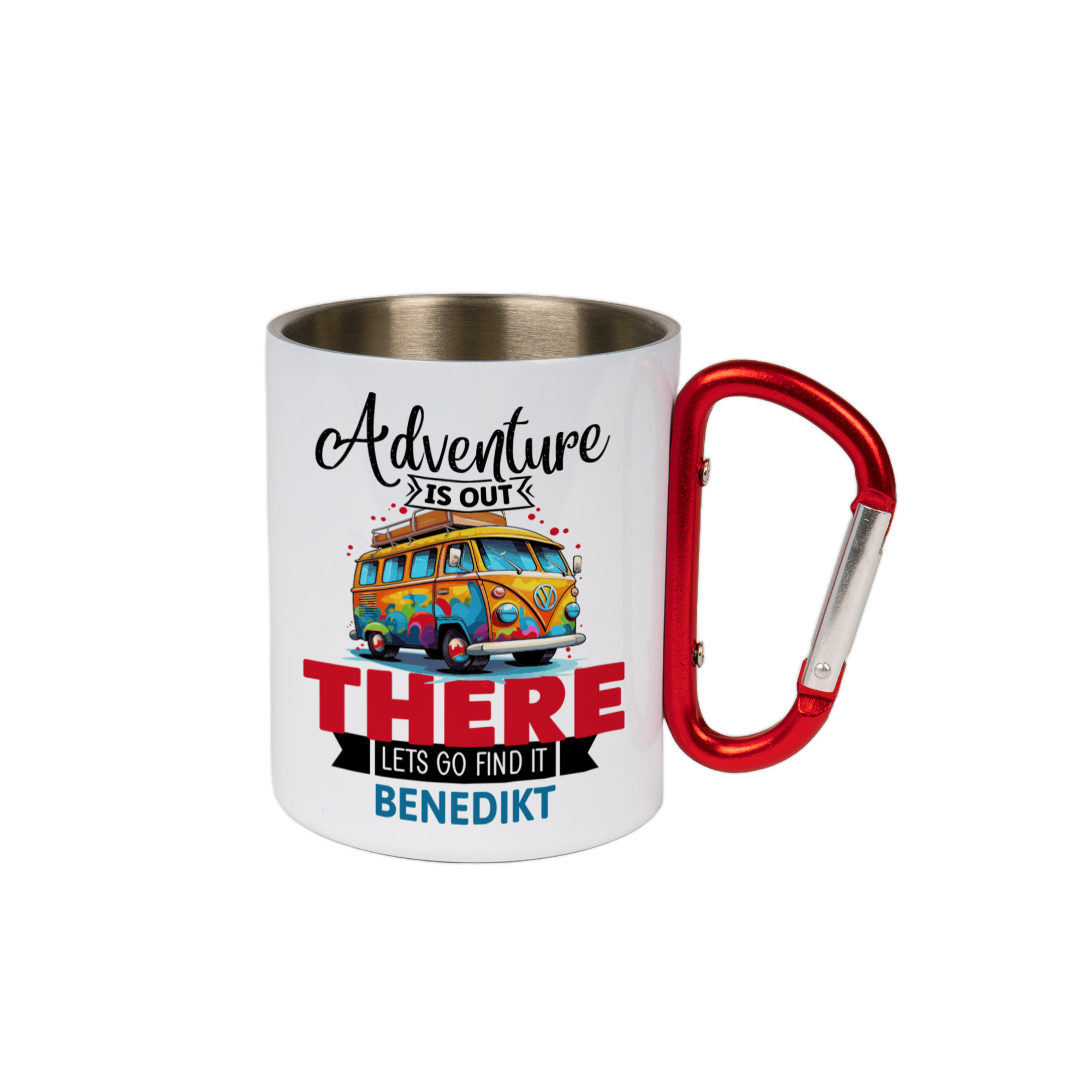 Tasse en acier inoxydable, extérieur blanc, avec mousqueton rouge, lavage main recommandé, 36 pcs./carton