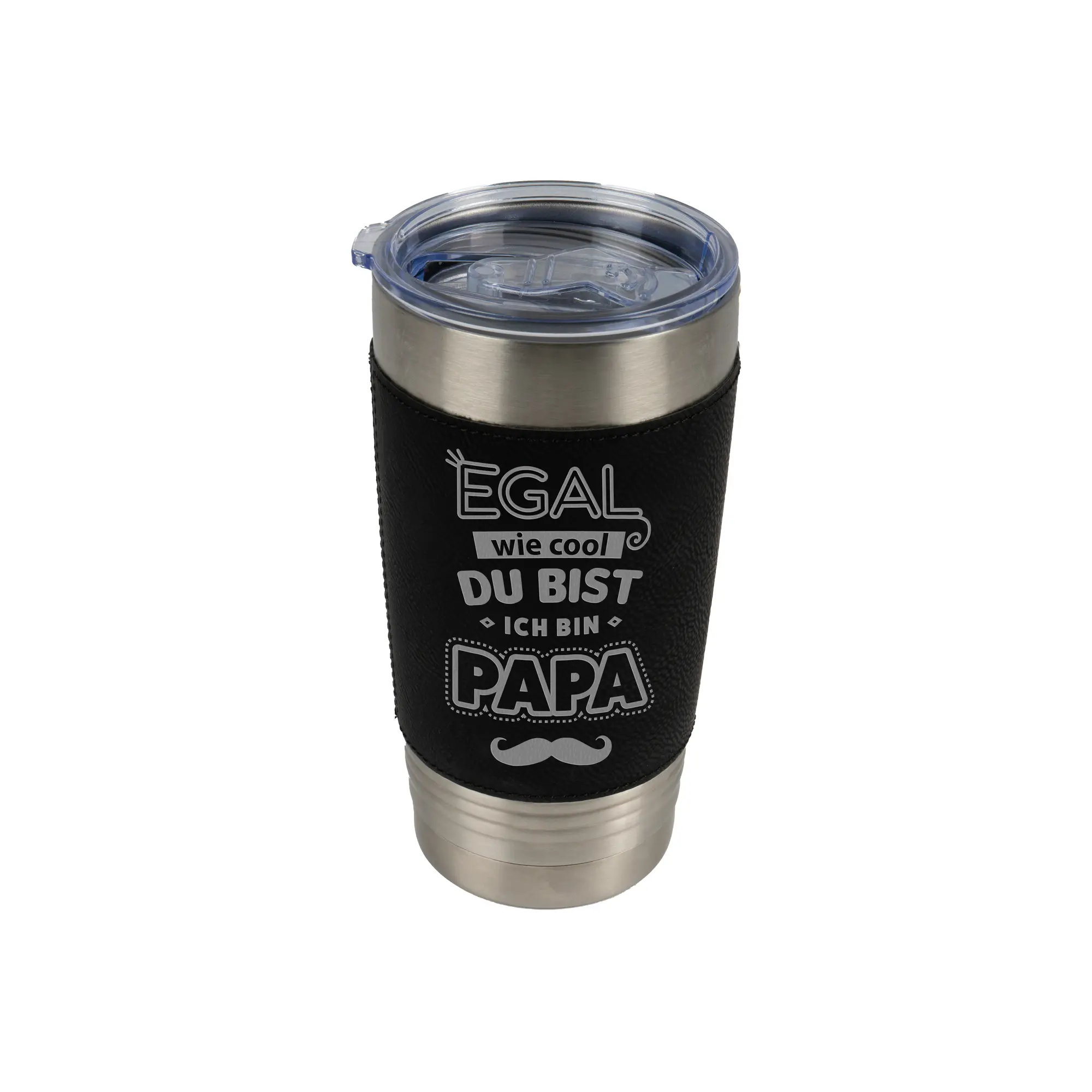 Laser Edelstahl-Tumbler 590 ml mit Kunstleder Ø 90 mm, Höhe 175 mm, div. Farben