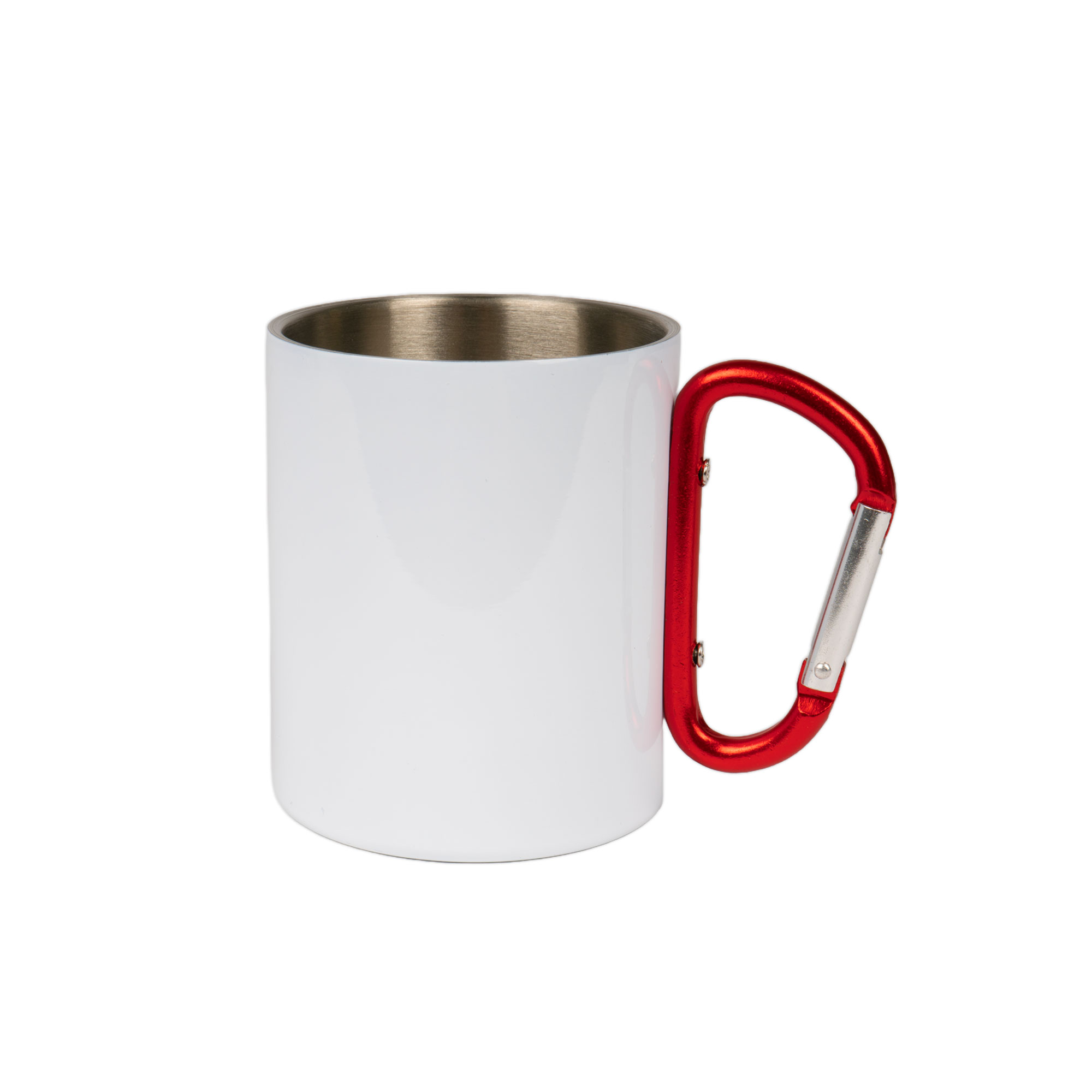 Tasse en acier inoxydable, extérieur blanc, avec mousqueton rouge, lavage main recommandé, 36 pcs./carton