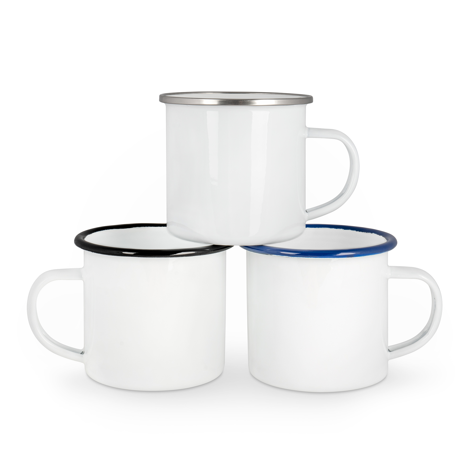 Emailletasse weiß 12oz, mit farbigem Tassenrand Emailletasse weiß 12oz, mit farbigem Tassenrand