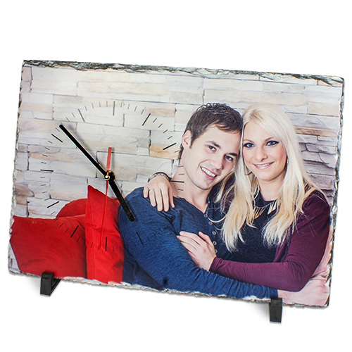 Horloge de table en ardoise en forme rectangulaire avec mouvement d‘horlogerie, blanc mat, env. 250 x 400 mm, épaisseur env. 10 mm, 8 pcs./carton