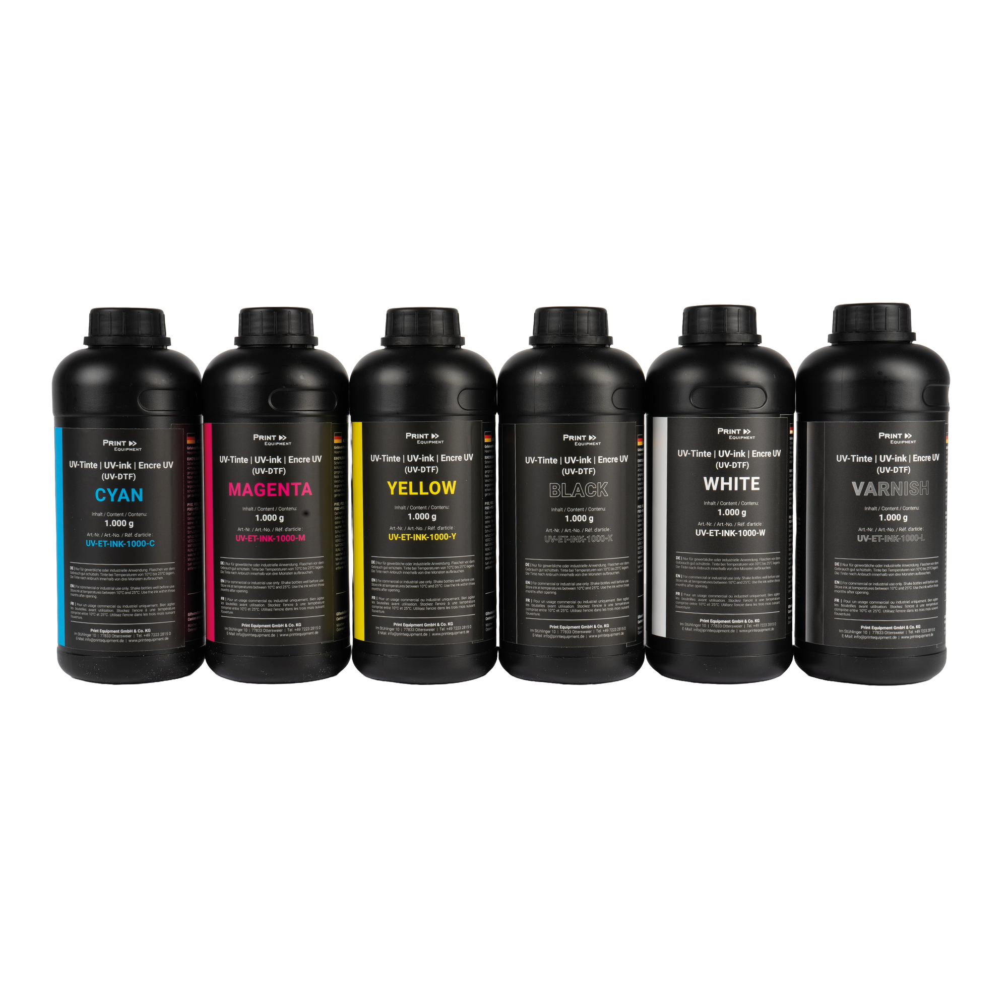 Encre UV pour système d'impression UV-DTF, diverses couleurs, bouteille de 1.000 ml