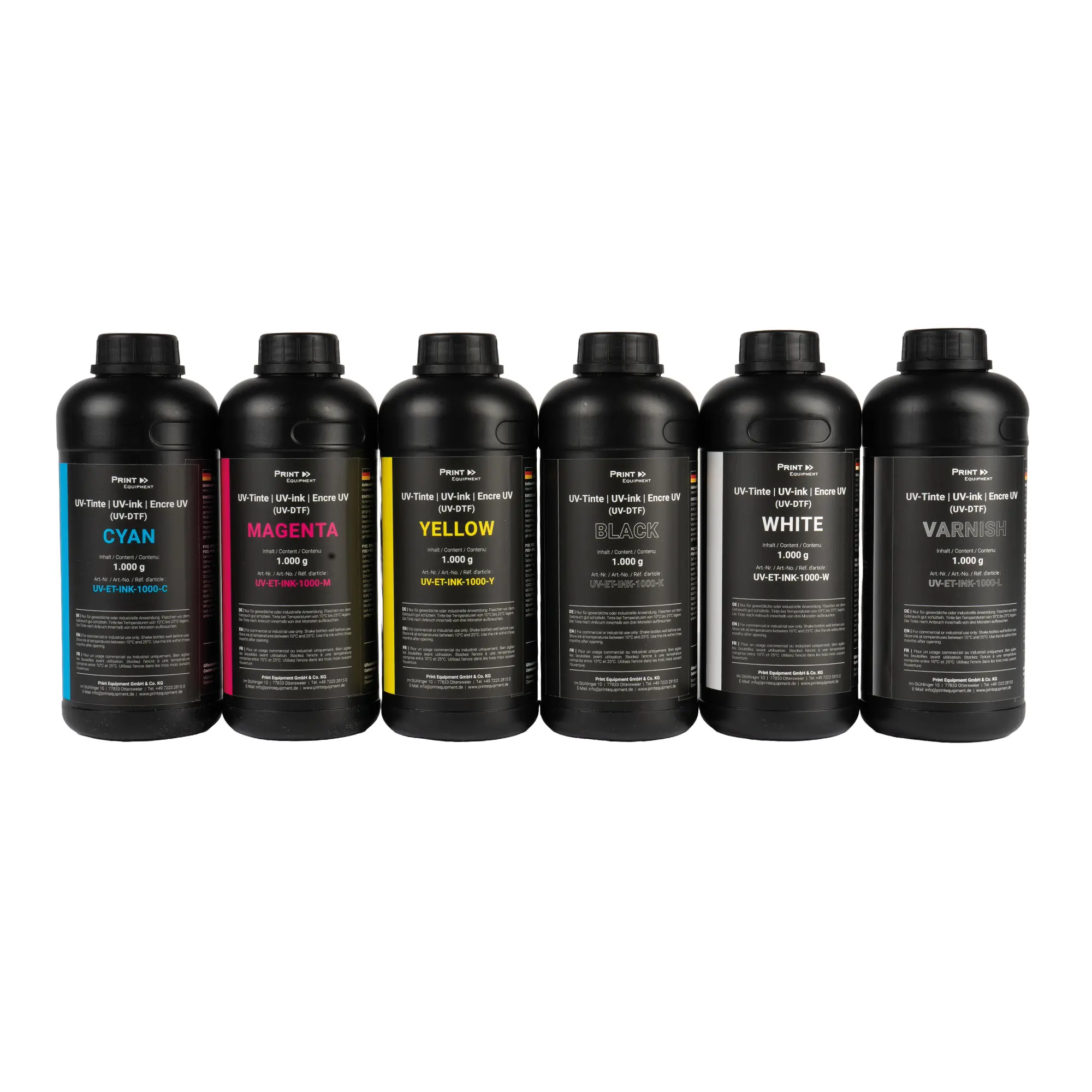 Encre UV pour système d'impression UV-DTF, diverses couleurs, bouteille de 1.000 ml