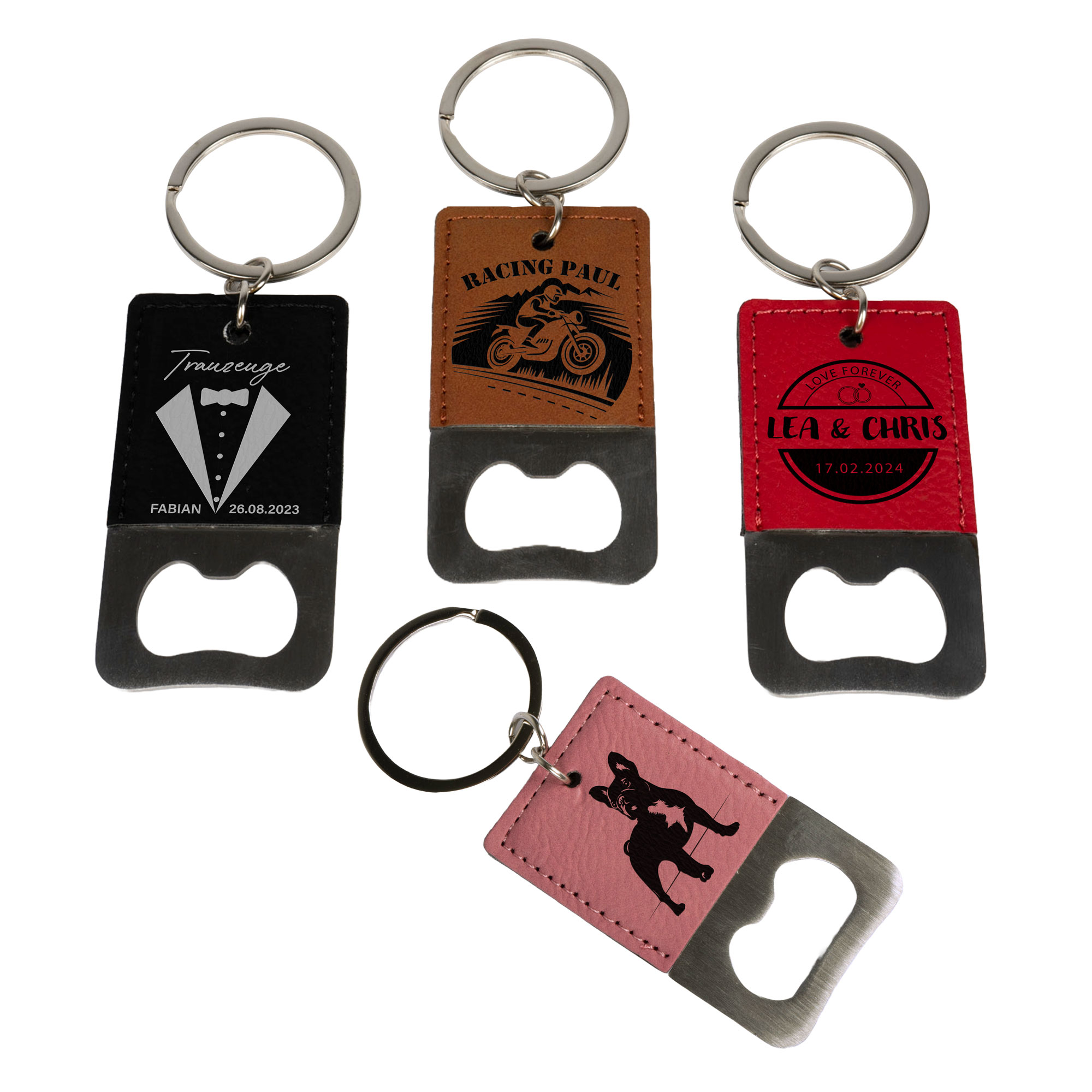 Laser stainless steel bottle opener keyring with imitation leather coating various colours