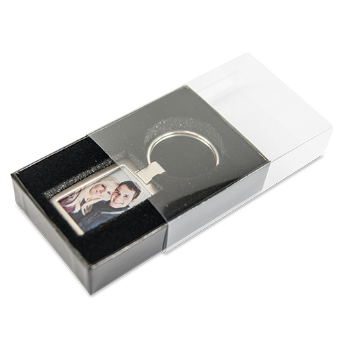 Boîte-cadeau noir pour porte-clé, taille 50 x 75 mm, avec inlay en flock et pochette transparent, 500 pcs./carton