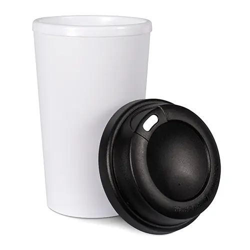 Konischer Kunststoffbecher doppelwandig, Weiß, Deckelfarbe Schwarz