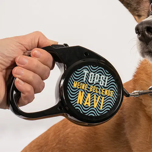 Hundeleine ausziehbar, Leinenlänge 300 cm, mit 2 bedruckbaren weißen Alueinsätzen Ø 68 mm, 50 St./Karton