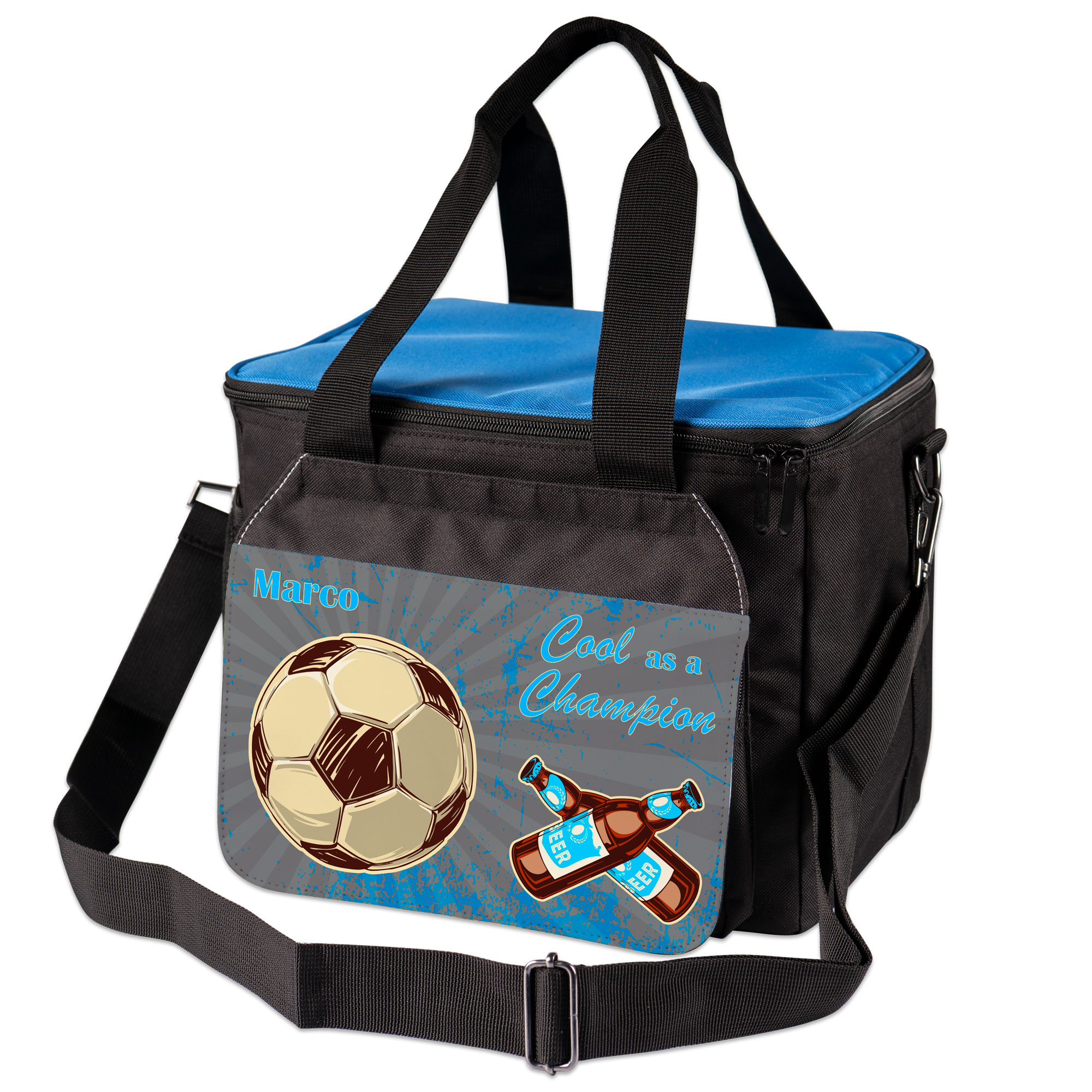 Kühltasche schwarz mit blauem Deckel, Größe (BxHxT) 320 x 260 x 230 mm