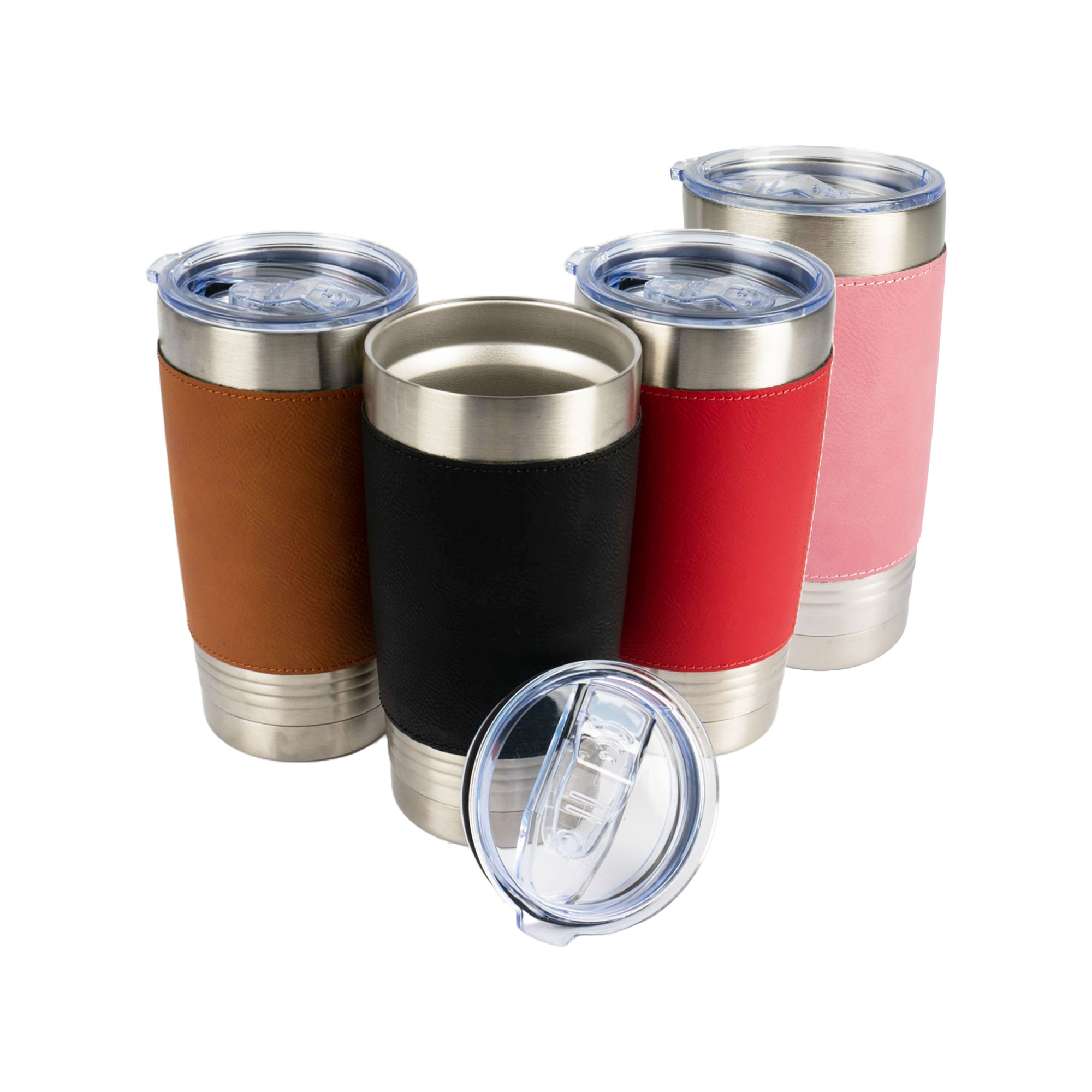 Tumbler laser en acier inoxydable 590 ml avec similicuir Ø 90 mm, hauteur 175 mm, div. couleurs