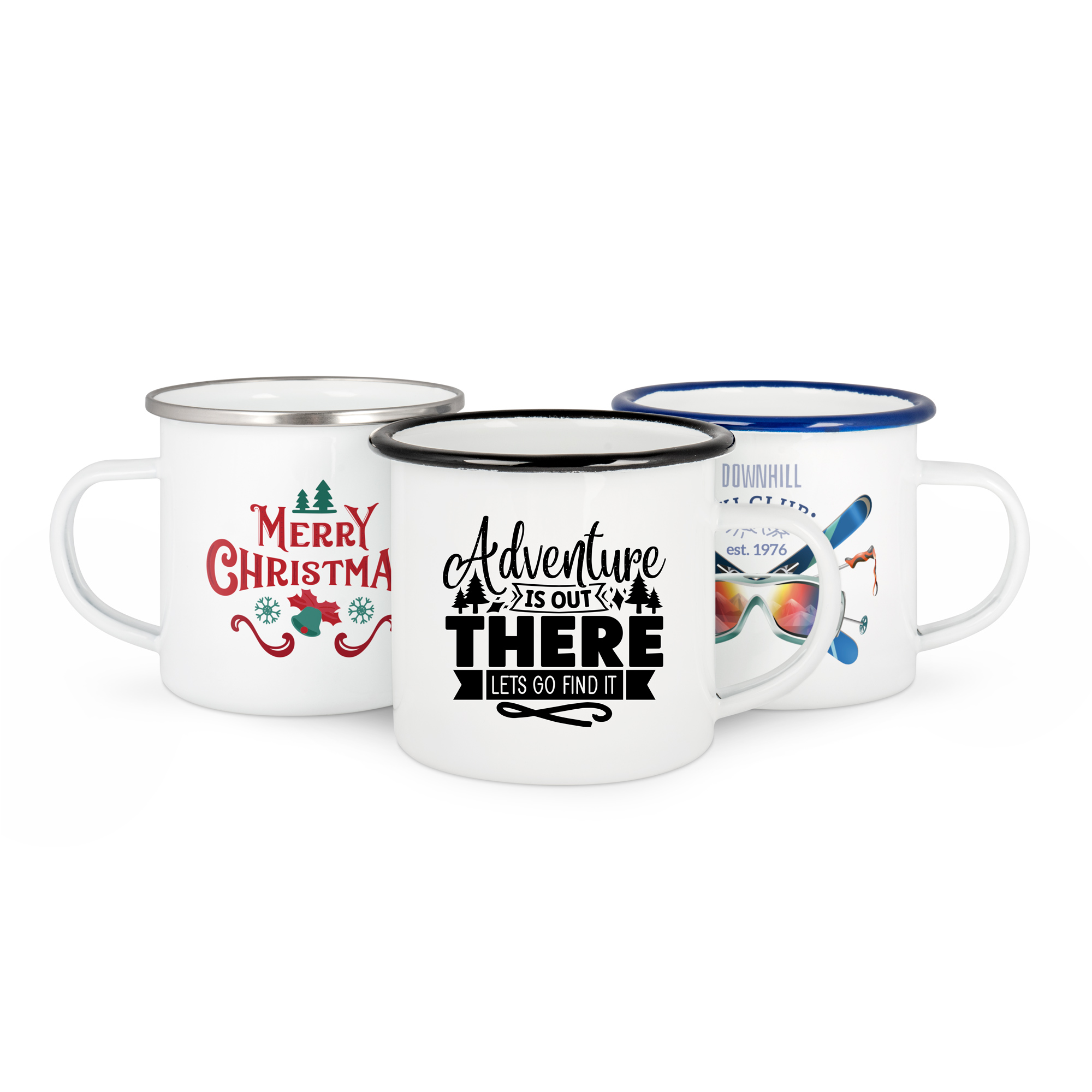 Emailletasse weiß 12oz, mit farbigem Tassenrand, div. Randfarben