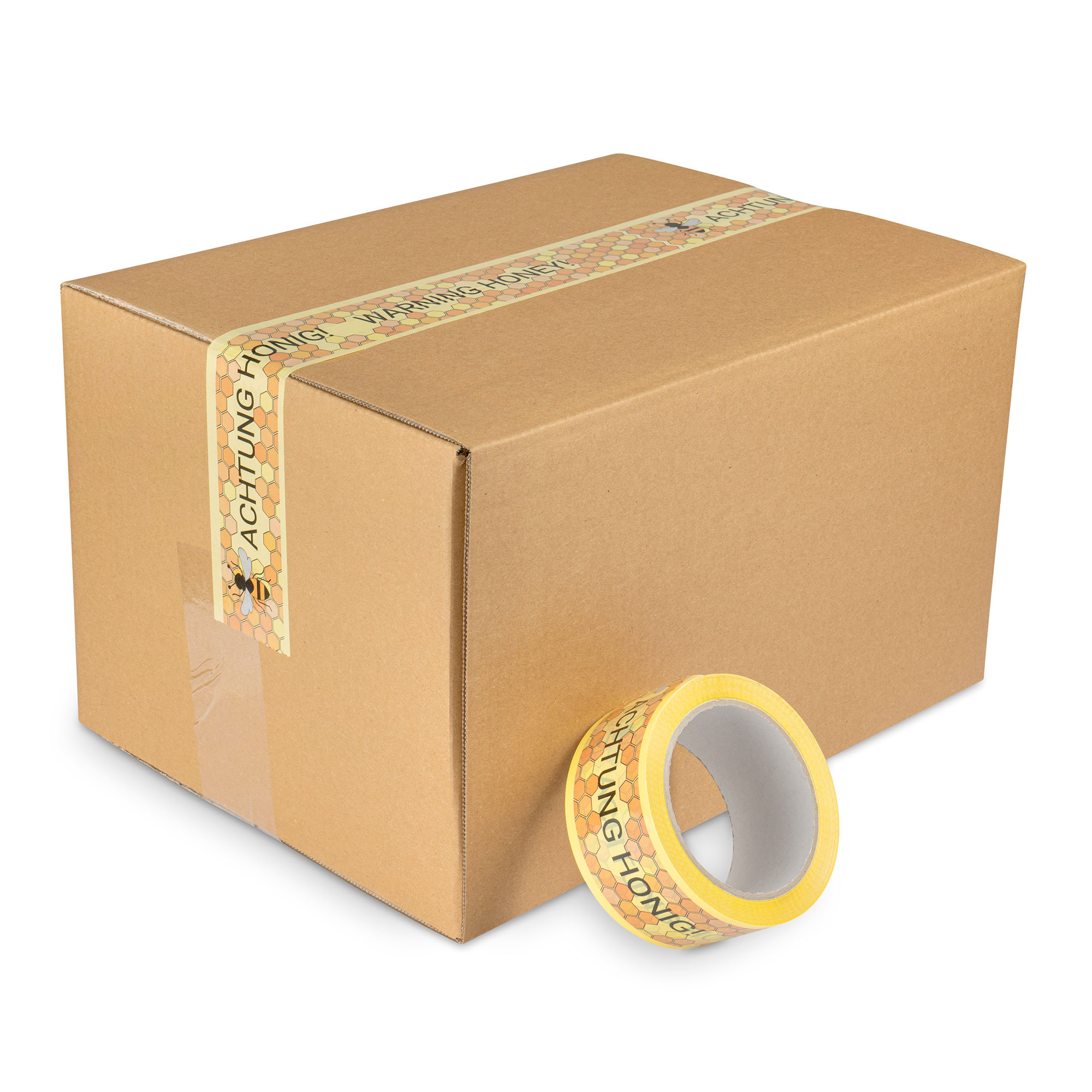 Ruban auto-adhésif en PP, standard, 66 rm x 50 mm, avec impression en quadri, motif : "ATTENTION MIEL ! bilingue allemand / anglais