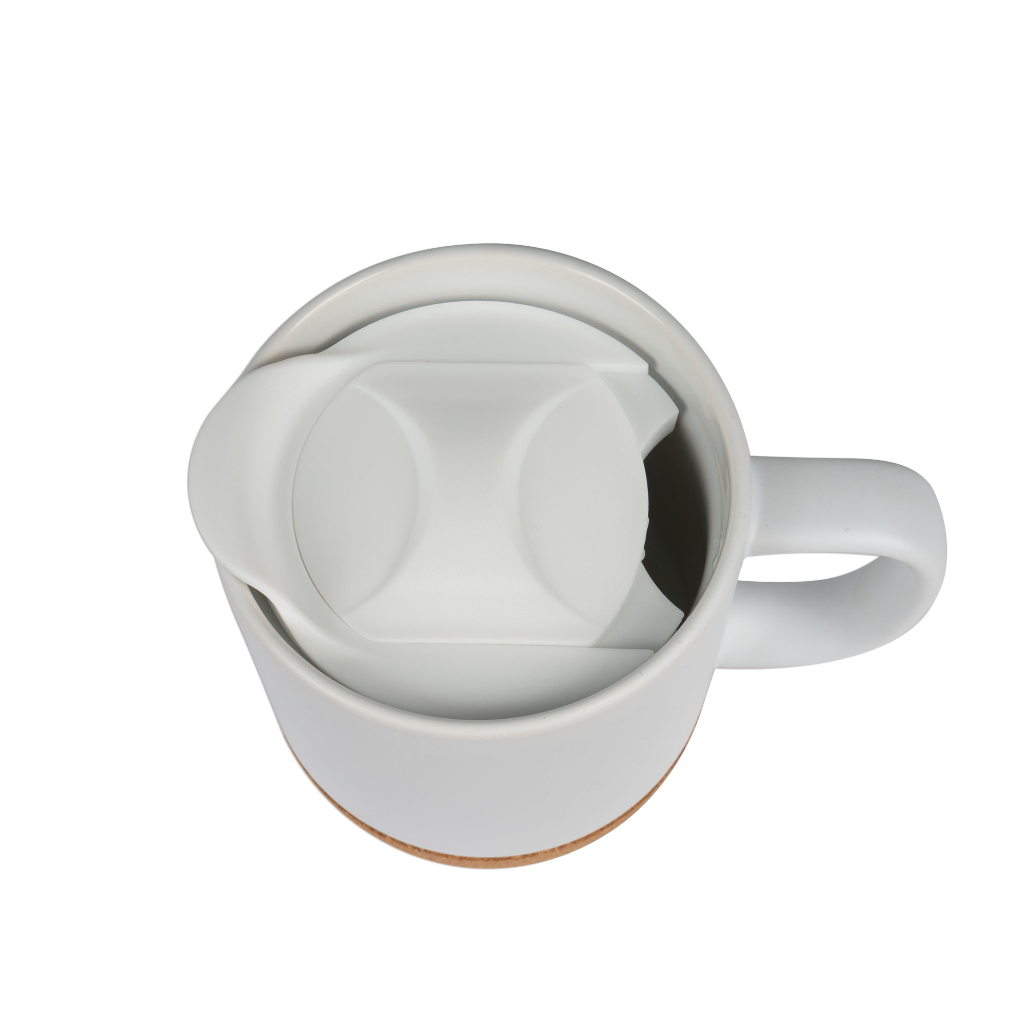 Keramiktasse BEN mit abnehmbarem Korksockel, Sublistar® Coating Kunststoffdeckel, Weiß-matt, 36 St./Karton Keramiktasse BEN mit abnehmbarem Korksockel, Sublistar® Coating Kunststoffdeckel, Weiß-matt, 36 St./Karton