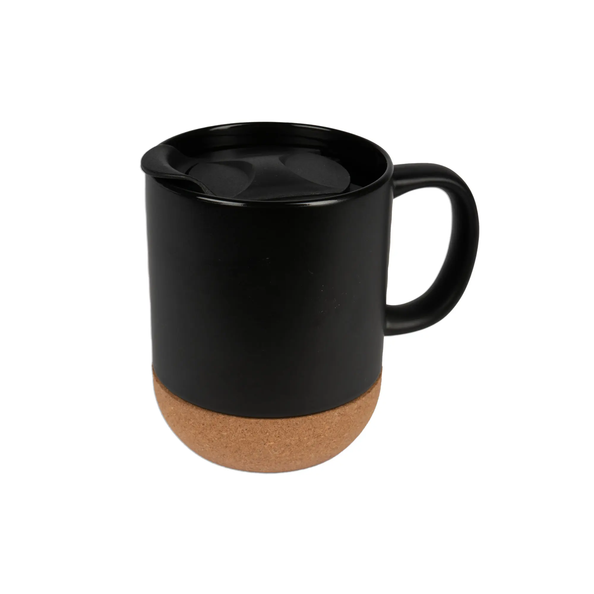 Laser Keramiktasse BEN mit abnehmbarem Korksockel Kunststoffdeckel, Schwarz-matt, 36 St./Karton