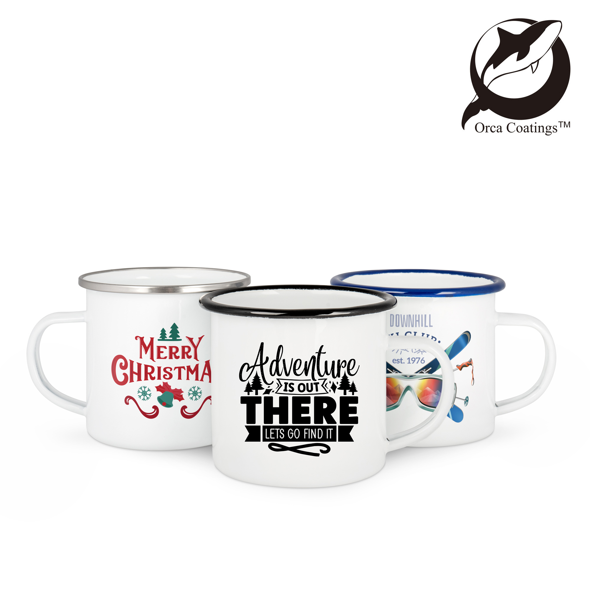 Emailletasse weiß 12oz, mit farbigem Tassenrand, Orca™ Coating