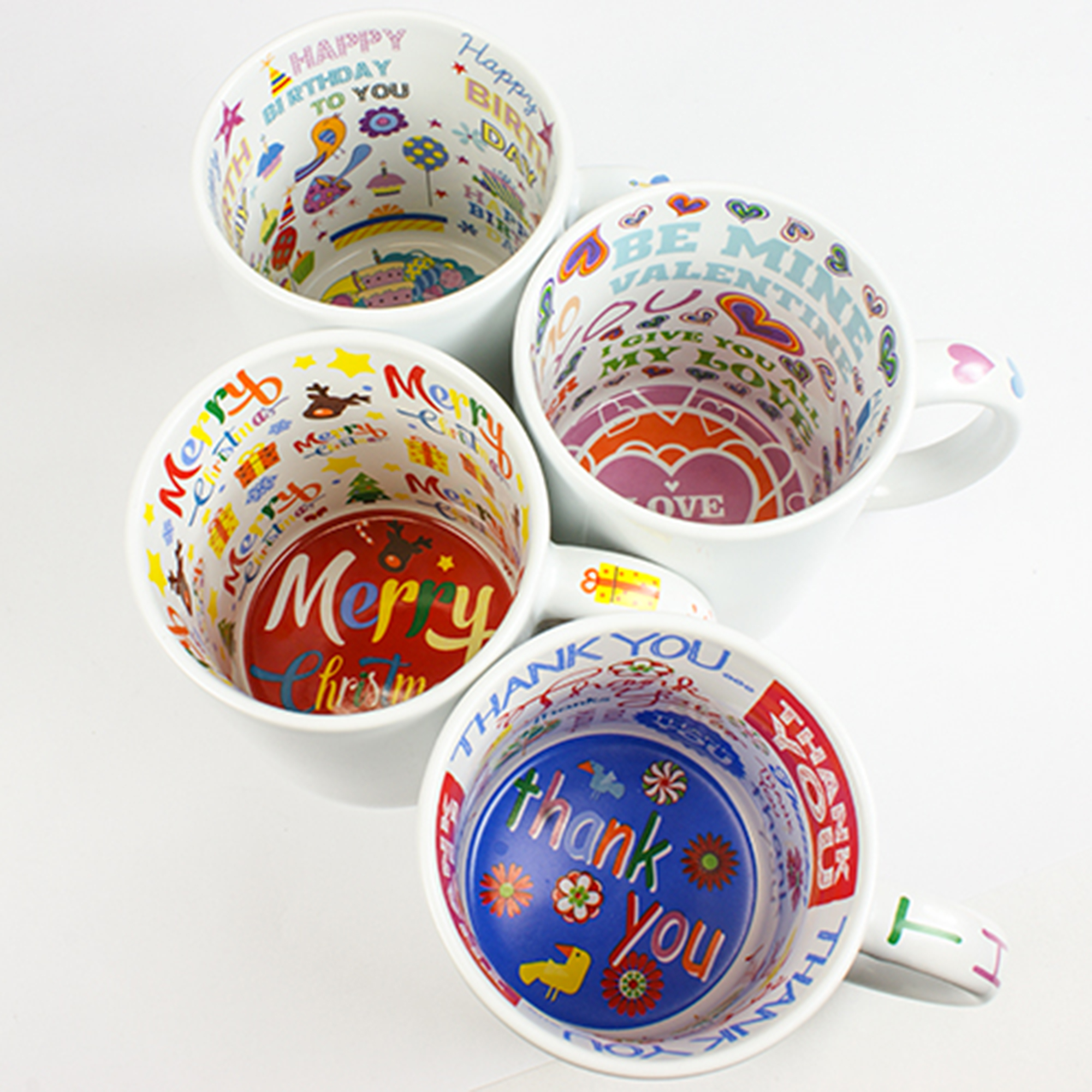Starter kit Ceramic theme mug 11oz white, with interior print, 36 cups of 4 motifs sorted