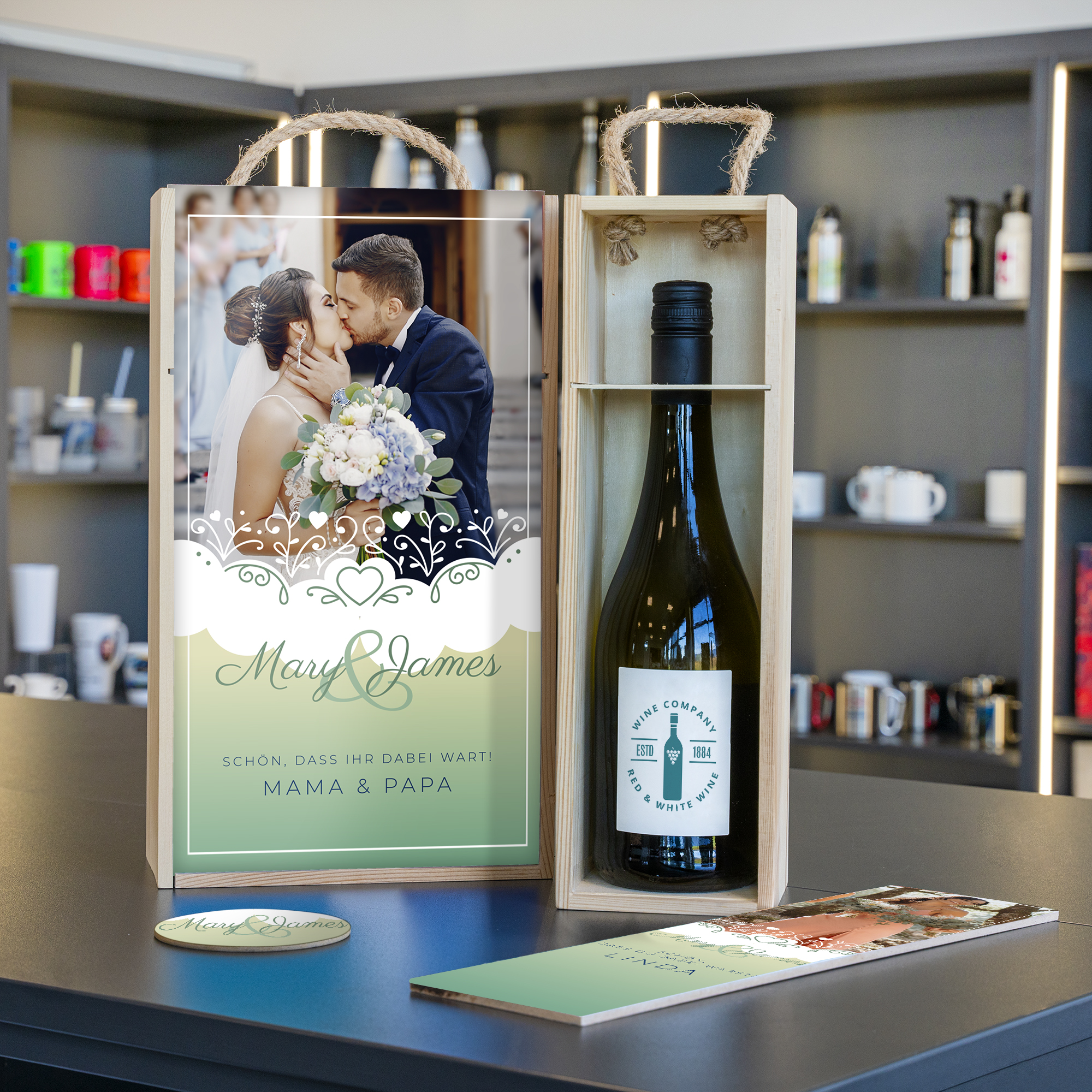 Coffret à vin en bois de pin, en couleur naturelle, pour une bouteille, avec couvercle coulissant blanc