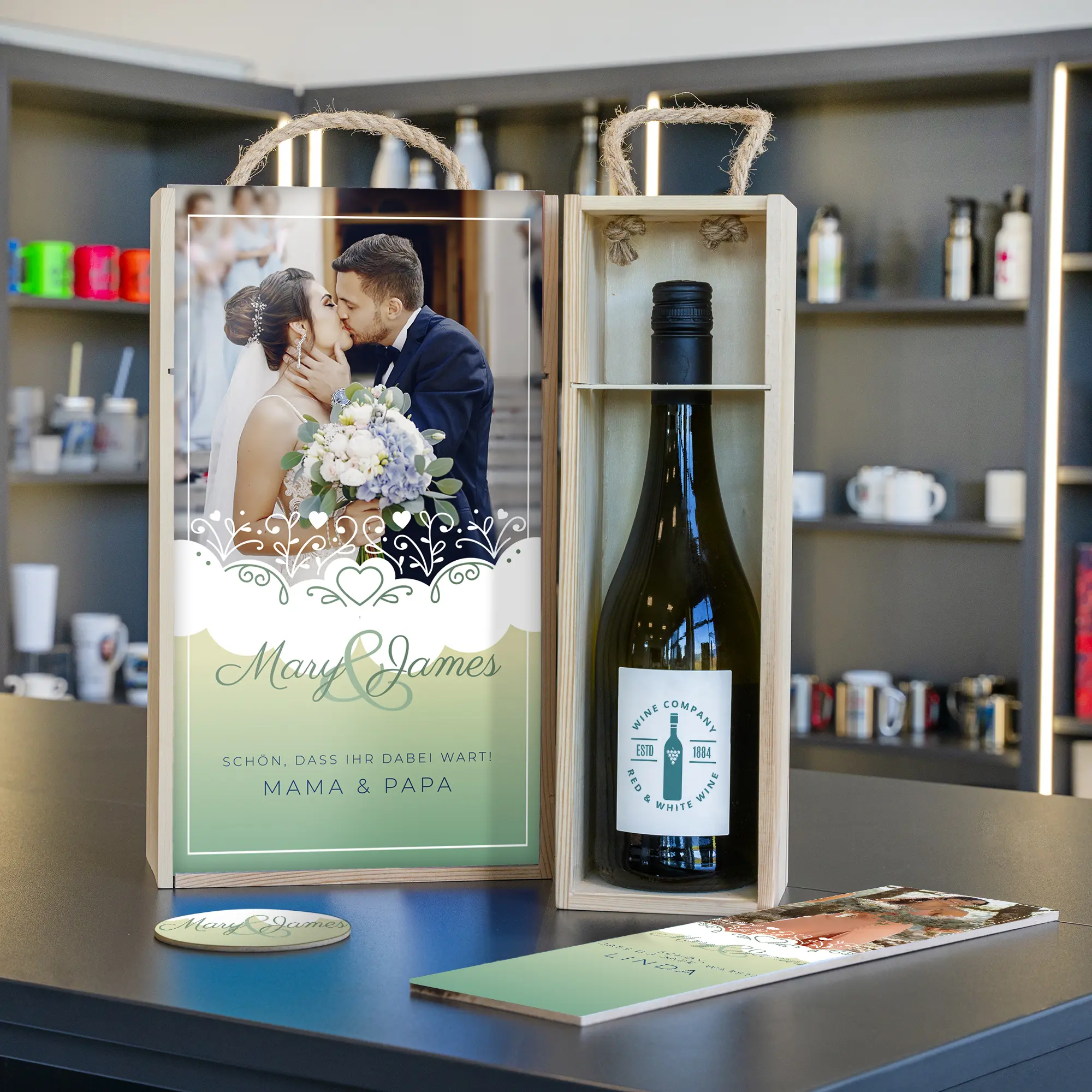 Weinkiste aus naturfarbenem Kieferholz, für eine Flasche, mit weißem Schiebedeckel