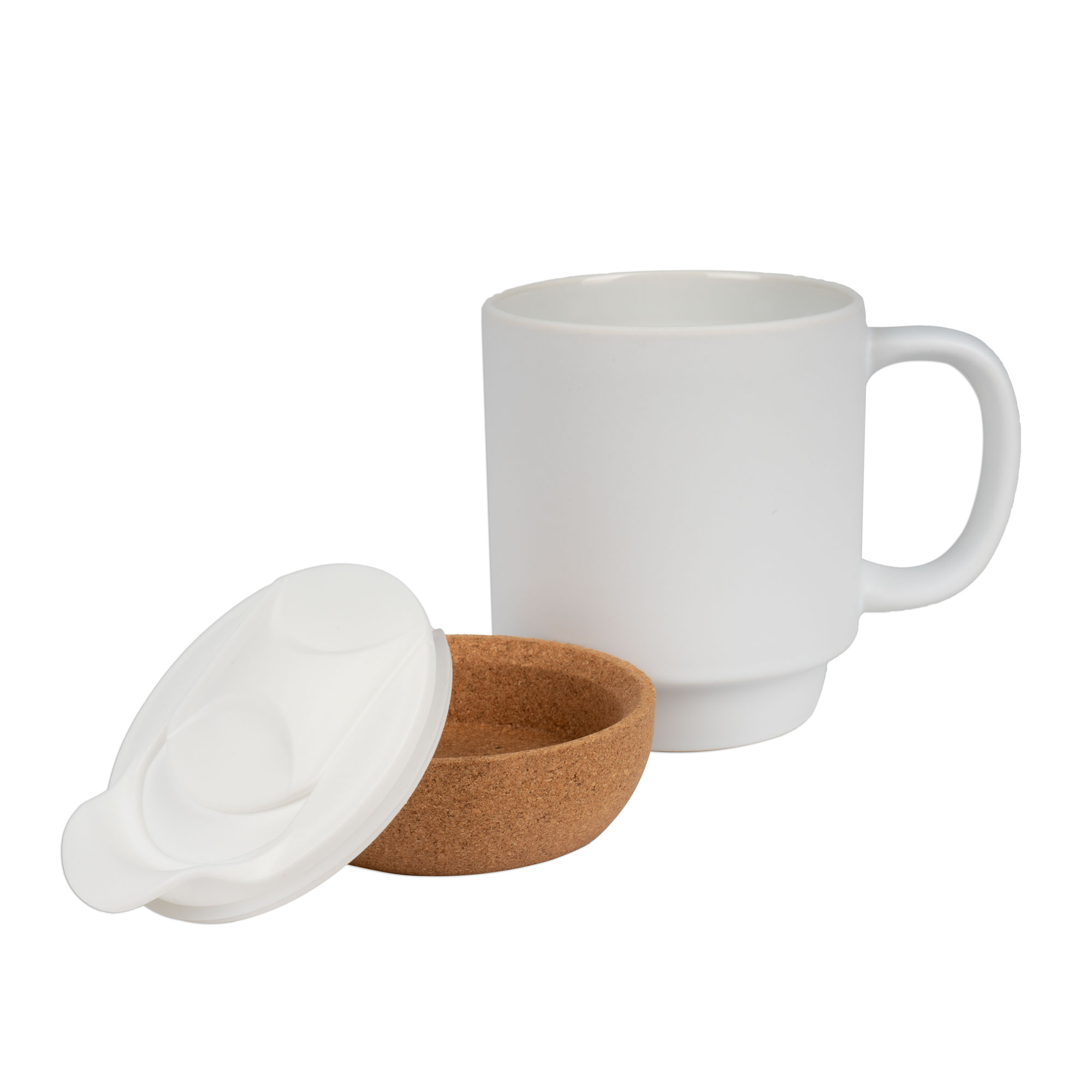 Keramiktasse BEN mit abnehmbarem Korksockel, Sublistar® Coating Kunststoffdeckel, Weiß-matt, 36 St./Karton Keramiktasse BEN mit abnehmbarem Korksockel, Sublistar® Coating Kunststoffdeckel, Weiß-matt, 36 St./Karton