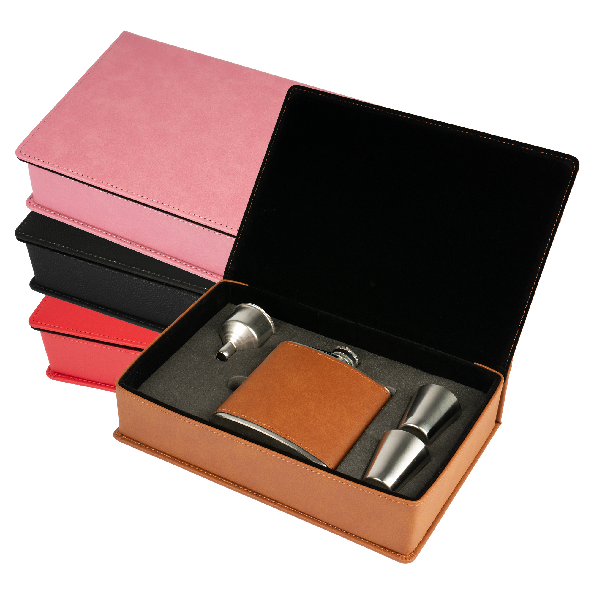 Laser Flachmann-Geschenkset aus Edelstahl-Flachmann 6oz/177 ml 2 Schnapsbecher & Trichter, 155 x 235 x 55 mm, div. Farben