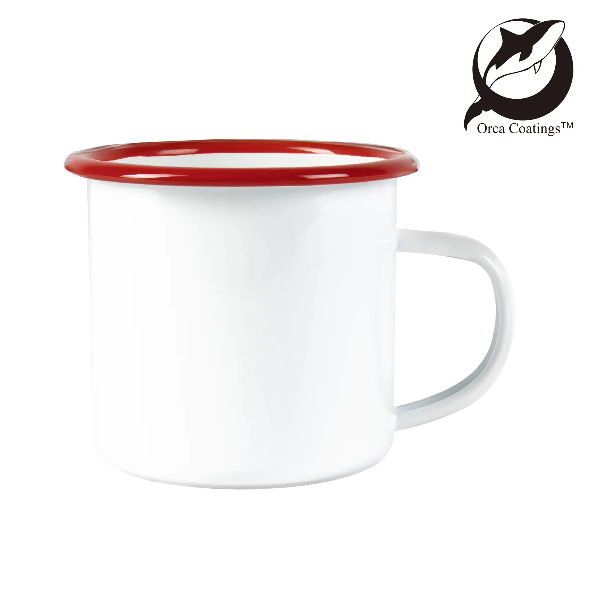Emailletasse weiß 12oz, mit farbigem Tassenrand, Orca™ Coating, div. Randfarben