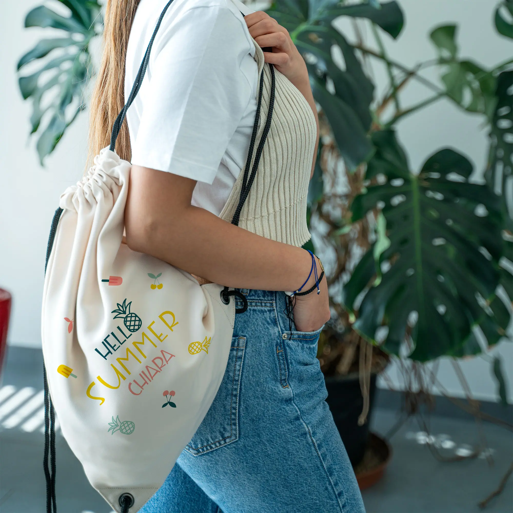 Sublistar® Sportbeutel naturfarben mit Leinenhaptik, mit schwarzem Kordelzugband, Größe (BxH) 330 x 450 mm, 100 St./Karton