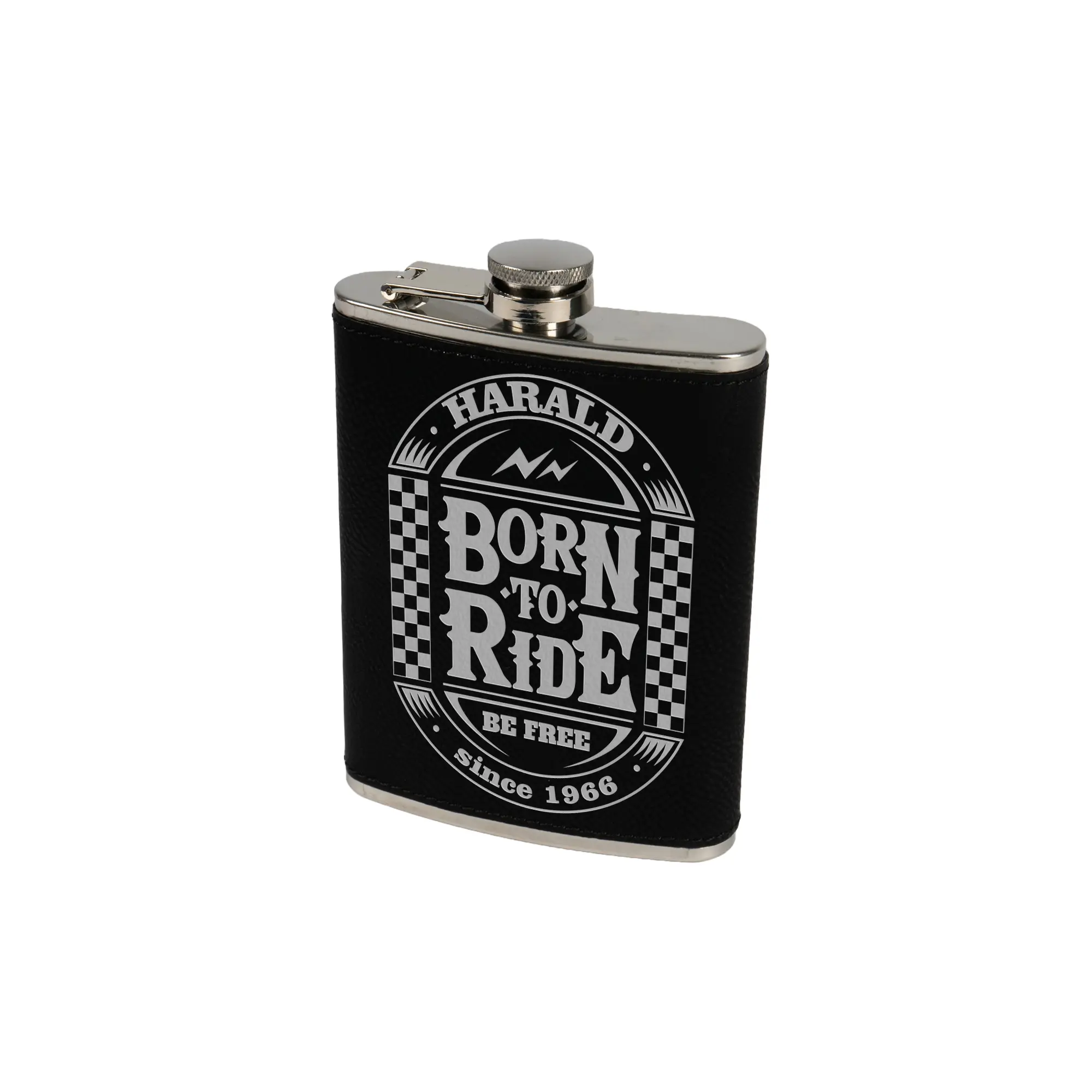 Laser hip flask made of stainless steel with imitation leather coating 6oz/177 ml, 96 x 110 x 23 mm, various colours
