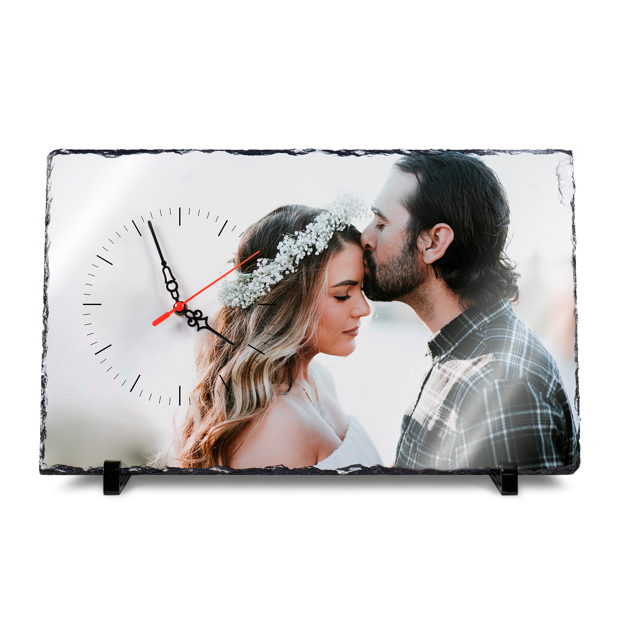 Horloge de table en ardoise en forme rectangulaire avec mouvement d‘horlogerie, blanc brillant, taille env. 250 x 400 mm, épaisseur env. 10 mm, 7 pcs./carton