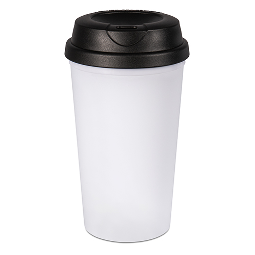 Gobelet conique en plastique à double paroi, couleur blanc, 380 ml, couvercle noir, diverses versions