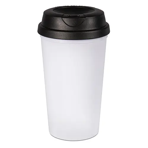 Konischer Kunststoffbecher doppelwandig, Weiß, Deckelfarbe Schwarz